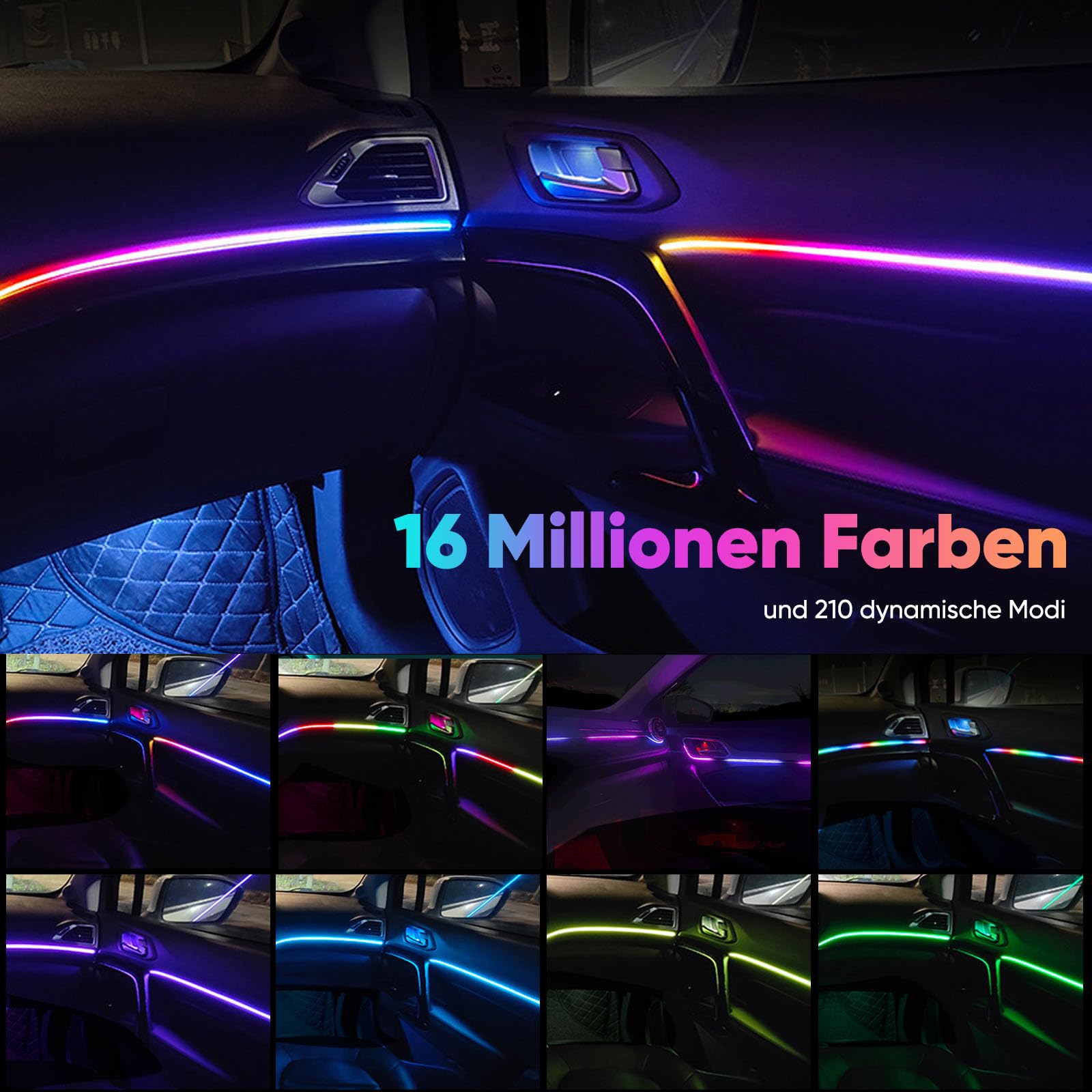 GPJYD Acryl Ambientebeleuchtung Auto LED Innenbeleuchtung, 2 IN 1 110cm+35cm 168LEDs RGB LED Auto mit 16 Millionen Farben & 210 Dynamische, APP-Steuerung, USB Ambiente Beleuchtung für Aut o