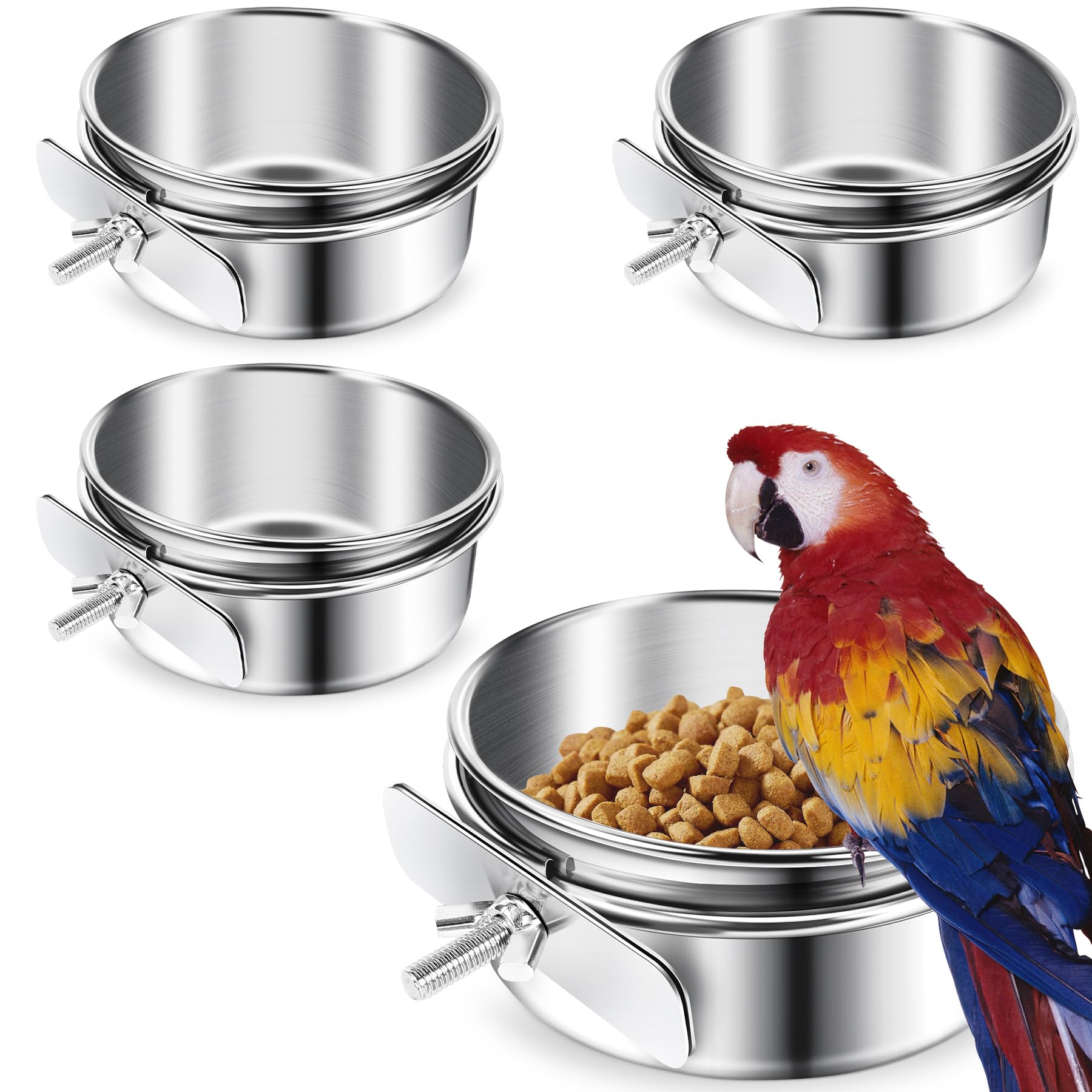 ToLanbbt 4 ciotole per cibo per uccelli in acciaio inox con morsetti di supporto, per pappagalli, gabbie per pappagalli, mangiatoie per calopsitte, conuri, parrocchetti, ara, piccoli animali, M