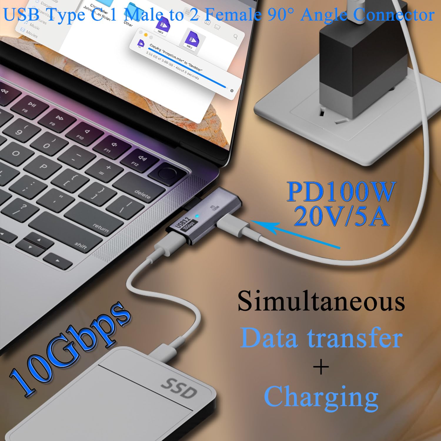 Convertitore di presa USB Tipo C Femmina PD Quadrato da 100 W, USB-C Ricarica Rapida per Computer Portatile Connettore Adattatore di Alimentazione DC