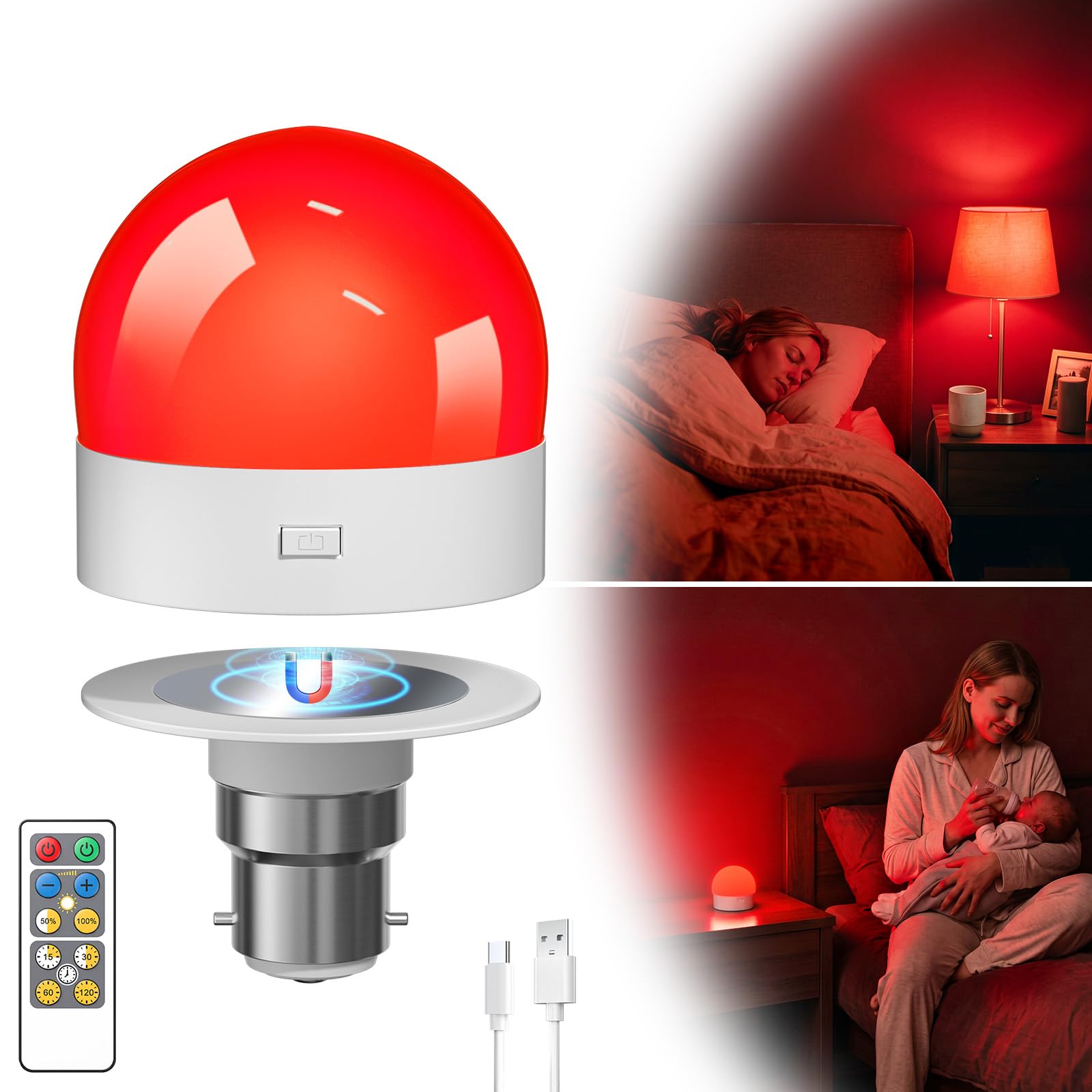 Klarlight 625nm Red Light Bulbs for Sleep, 1800mAh Rechargeable Magnetic Red Bulb with Timer, Memory, Dimmable Red Light Therapy Bulbs for Home, B22 Portable Lamp for Nursery Bedroom (1 Pack)