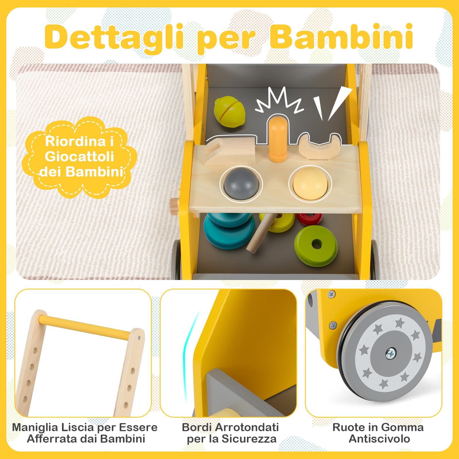 GYMAX Carrello in Legno per Bambini, 2 in 1 Carrello per Bambini e Banco degli Attrezzi con Attività Educative, Velocità Regolabile, Spazio Aperto, Giocattolo Montessori per Bambini e Bambine