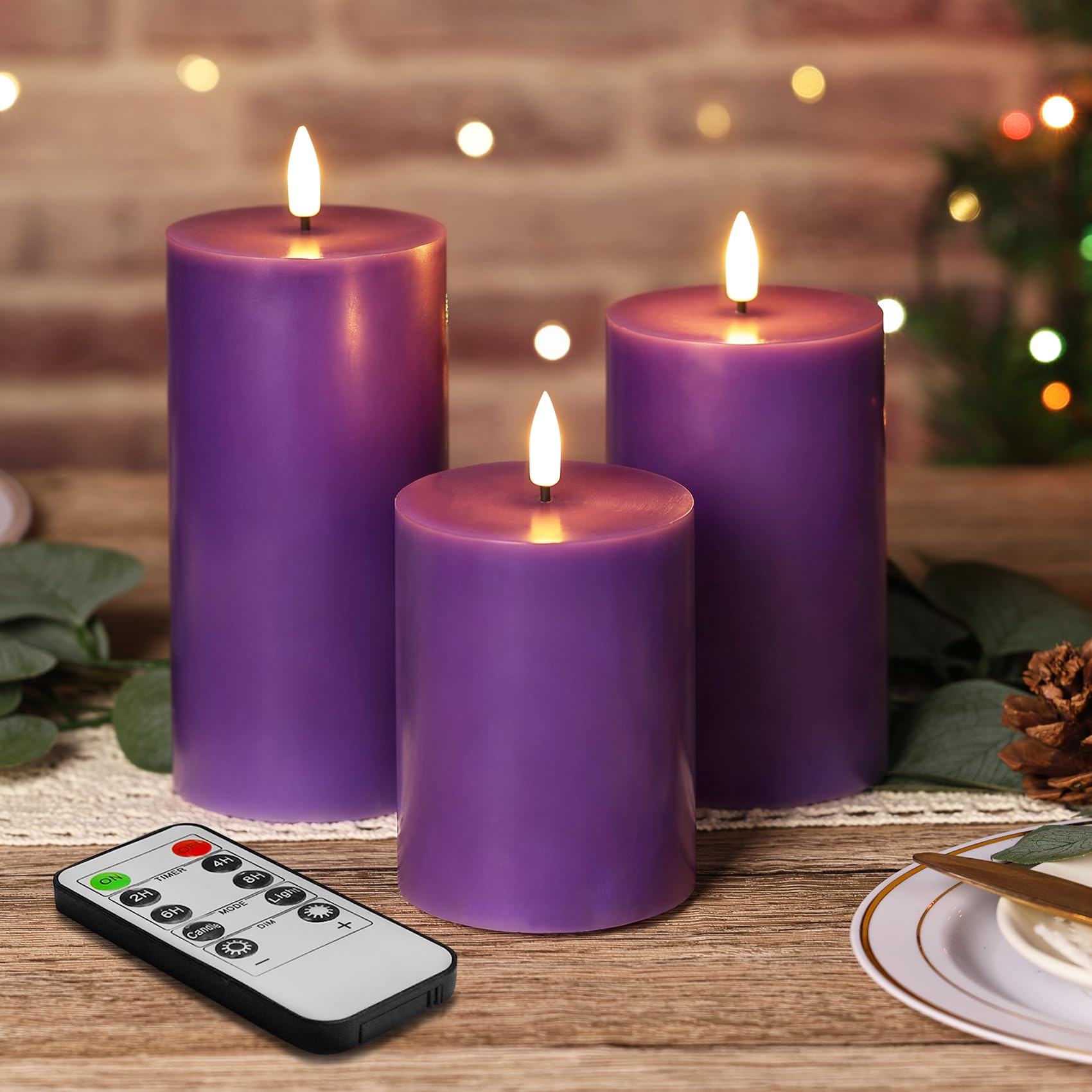 Eywamage Purple Flameless LED Pillar Candles with Remote, Flickering Real Wax Battery Operated Christmas Candles Set of 3