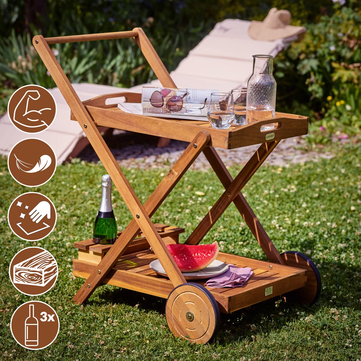 Casaria® Carrito de Servicio con Ruedas Madera Acacia Certificado FSC® Camarera Carro Cocina Jardín Terraza