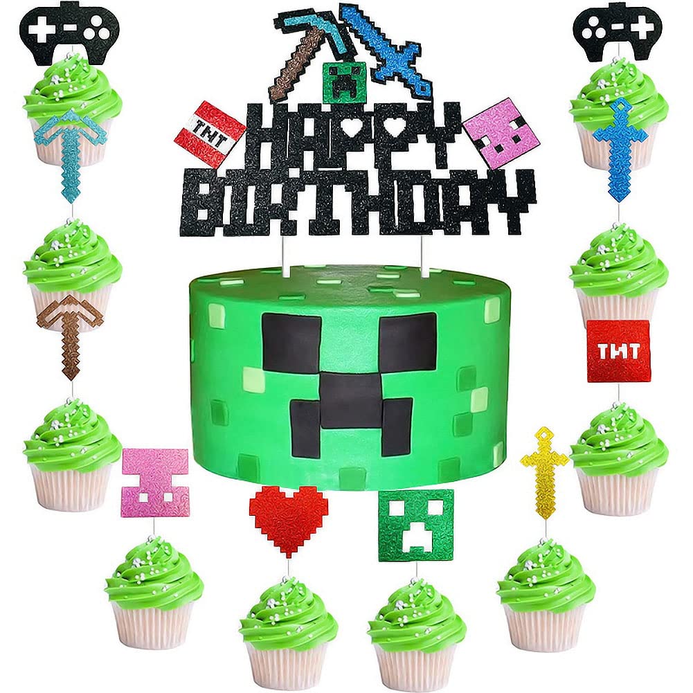 Video Game Cake Topper, Mining Game Theme Birthday Cake Decorations, Video Game Party Supplies for Kids Boy Girls Adults Birthday, Perfect Cake Decor for Video Game Fans