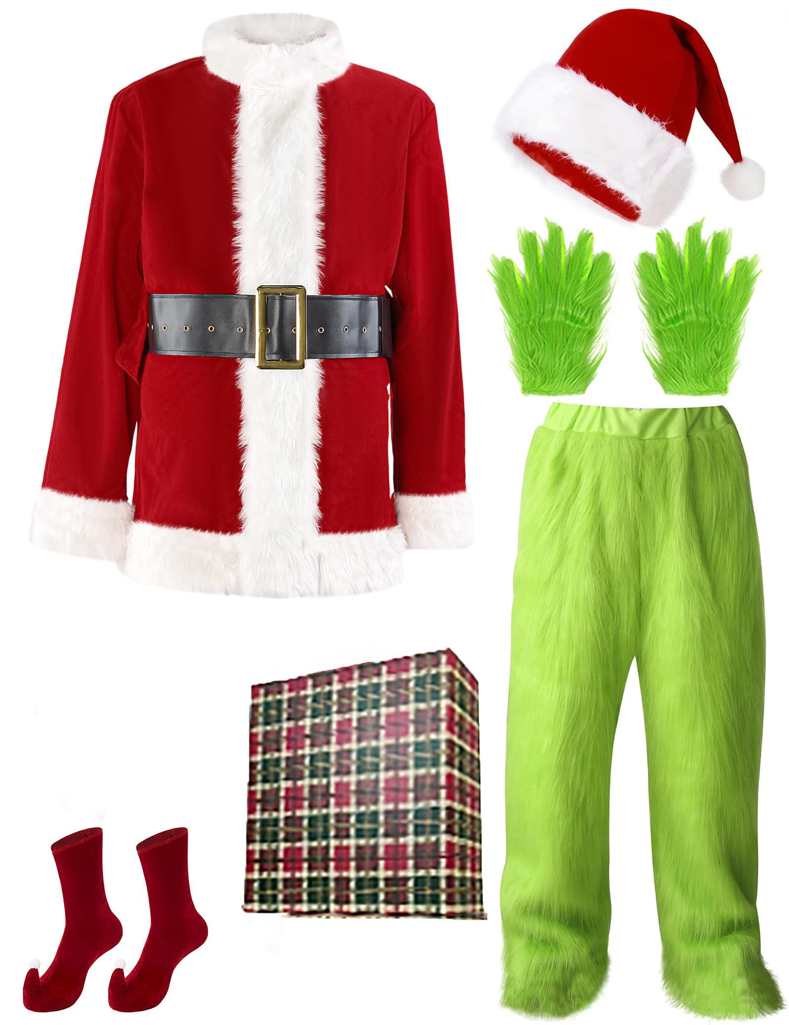 Photo 1 of Santa Costume Adult.Christmas Costume 7pcs Suit With Green Monster Mask and Red Hat.Christmas Gift Box Packaging