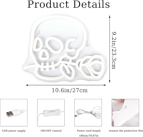 Miniatura 4 de Letrero de neón con diseño de esqueleto y cabeza de calavera para decoración de pared, luces nocturnas de Halloween, letrero de neón colgante de