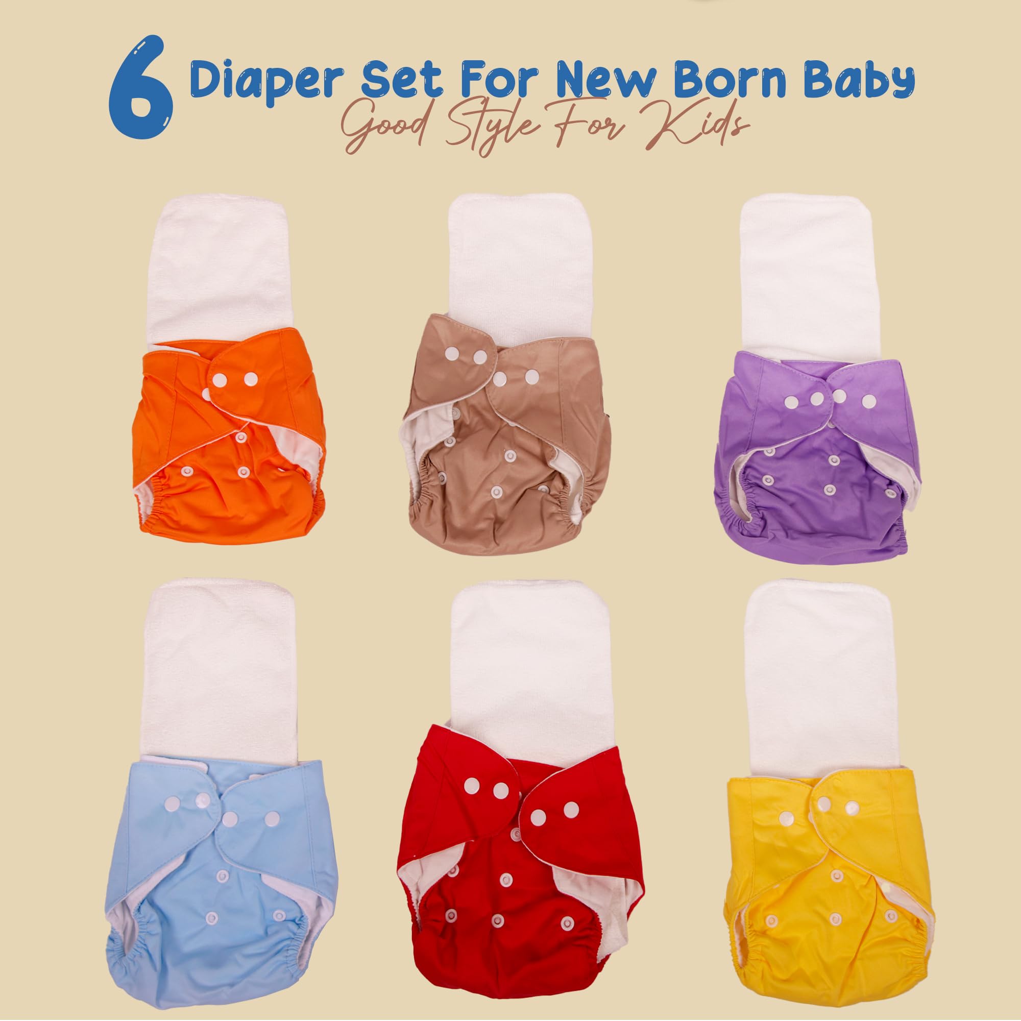 VIRTI MINI ME 6-Pack Reusable Cloth Diapers with Inserts | Adjustable, Washable, Leak-Proof Nappies for Babies & Toddlers | Soft, Breathable Cotton | Unisex Solid Colors | Eco-Friendly & Absorbent 4
