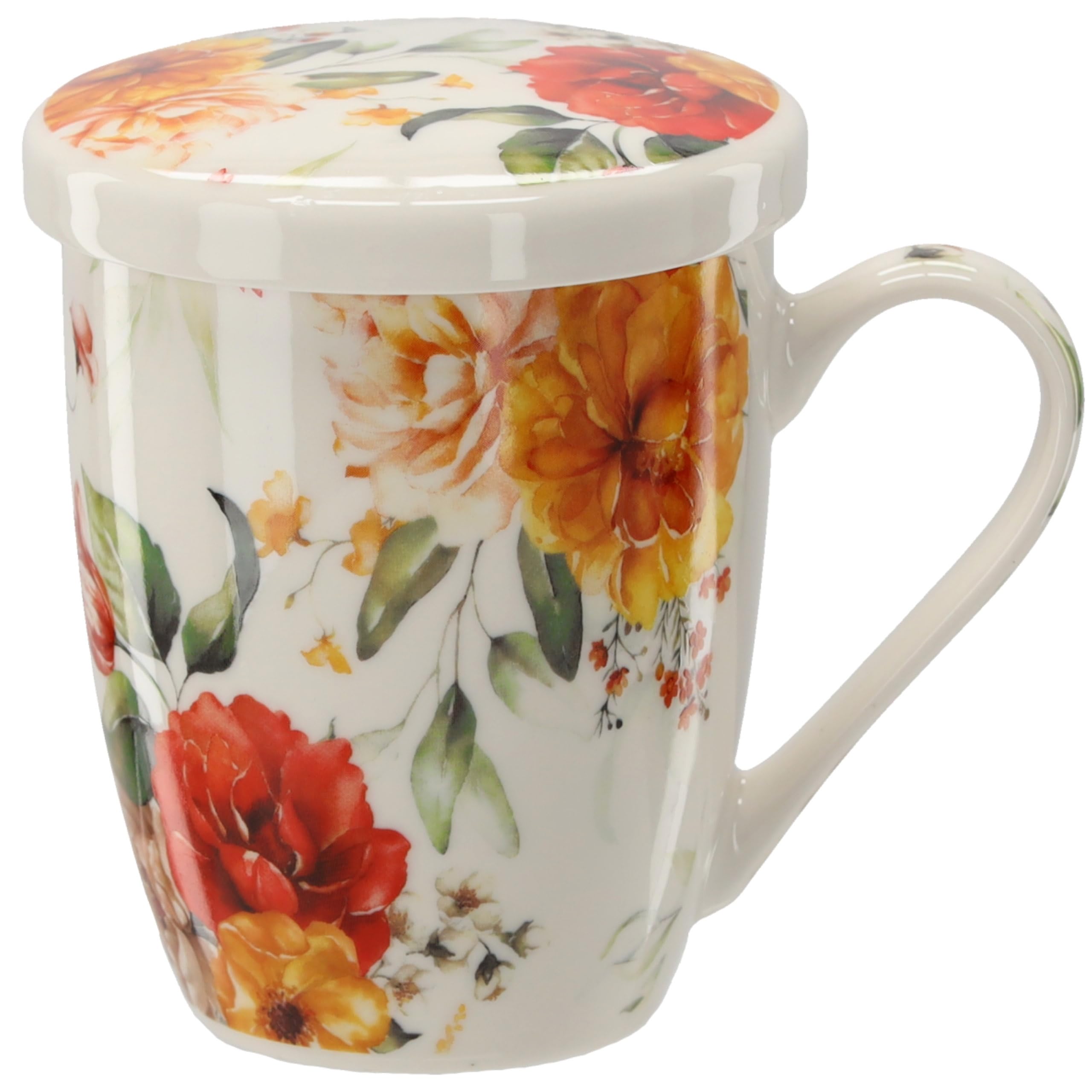 Zestaw do herbaty: Porcelanowy kubek z zaparzaczem i pokrywką do ziół - zapakowany w pudełku na prezent 340 ml (I)