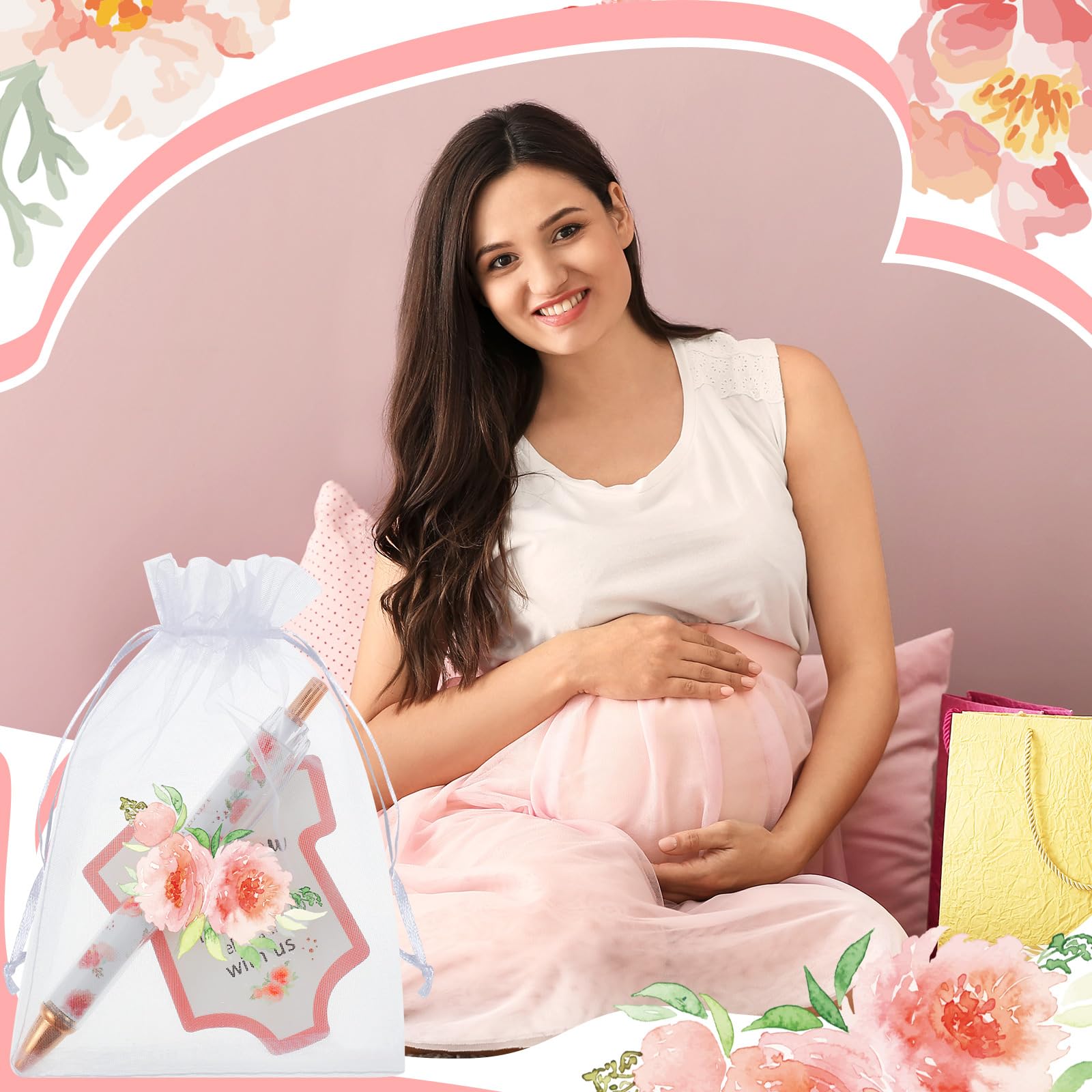 Chuangdi 50 juegos de recuerdos de baby shower, incluye 50 bolígrafos, tarjetas de agradecimiento y bolsas de organza