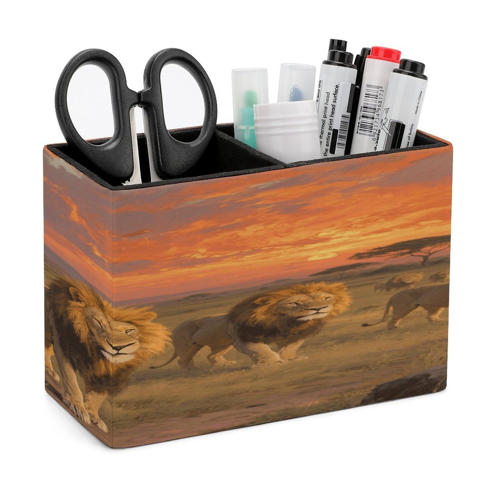 VstaDank Lion Pencil Holder for Desk Organizer 2 Compartments Pen Cup Leather Square Pen Holder Pencil Cup Stand Makeup Brush Holders for Desktop Organizer Storage Case