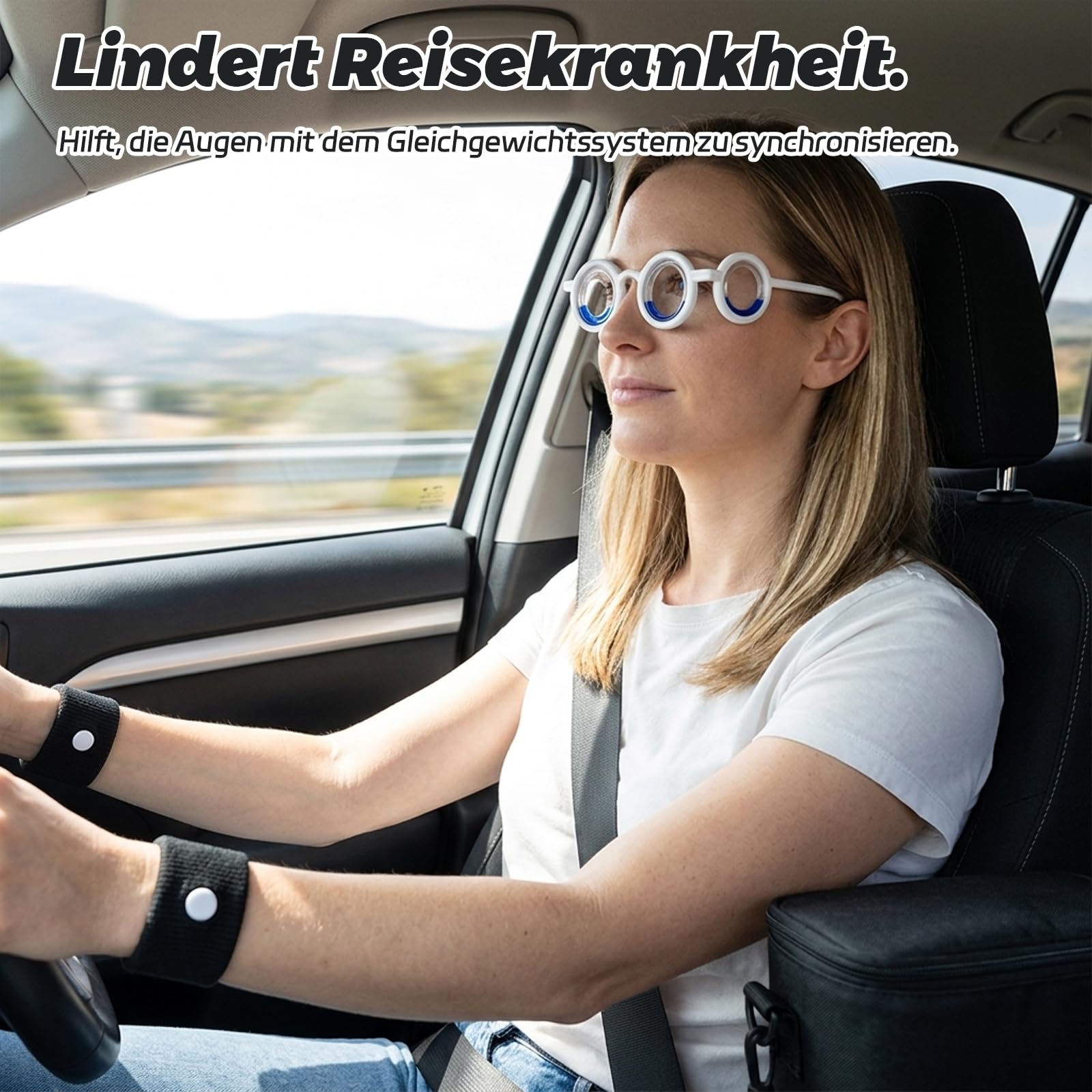 Brille Gegen Reiseübelkeit, 4-Teiliges Set Mit Trageetui Und Akupressurarmbändern, Ideal Für Autofahrten, Flugreisen Und Schifffahrten, Leichtes Design Für Langen