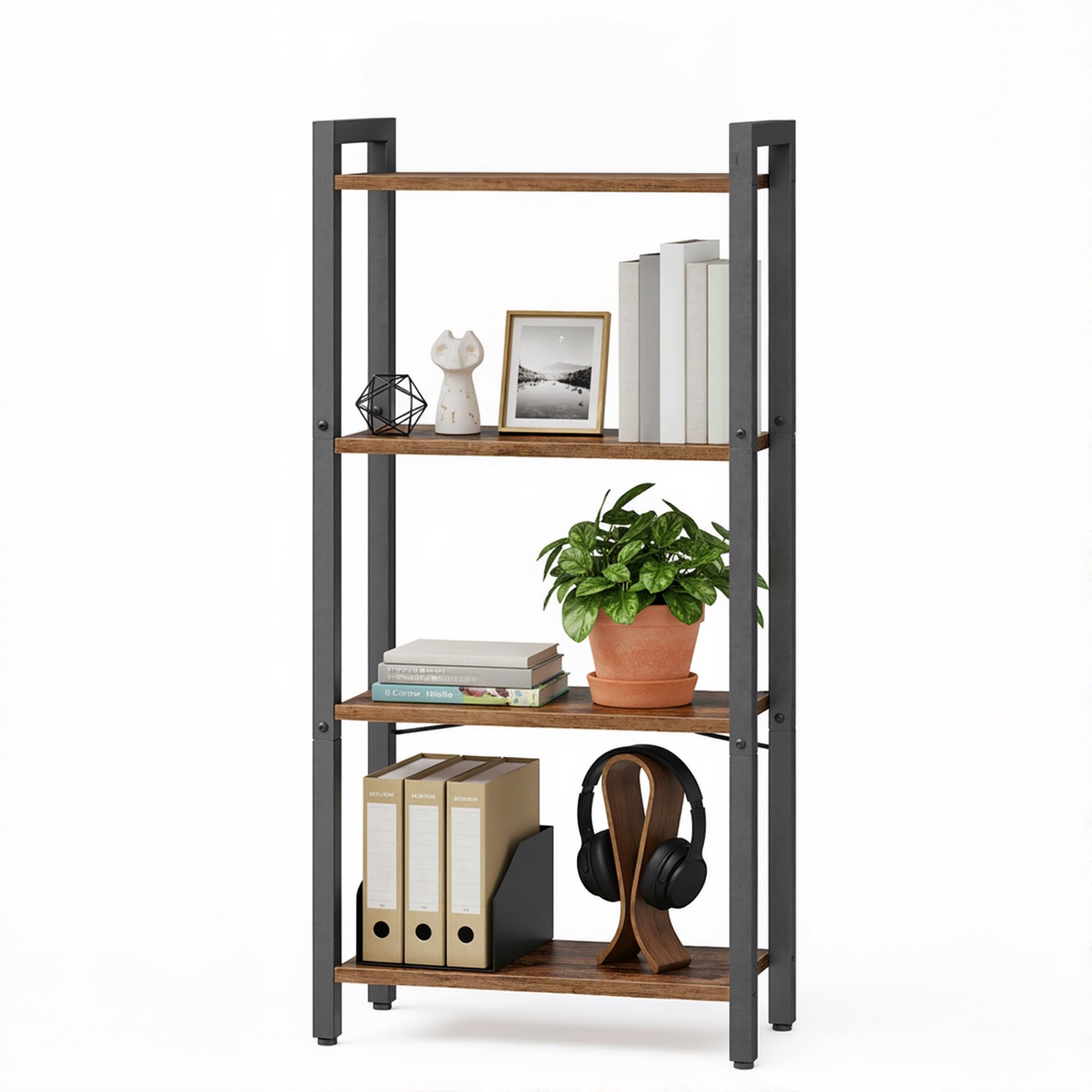 VASAGLE 4-Tier Bookshelf, Bookcase with Steel Frame, Book Shelf for Living Room, Home Office, Study, 24 x 40 x 107 cm, Industrial Style, Rustic Brown and Ink Black ULLS099B01