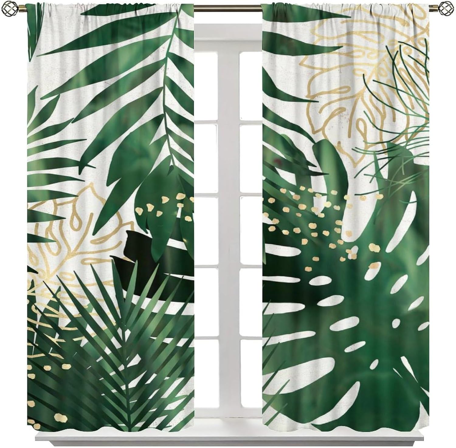Tropical Palm Leaf Curtains, Natural Emerald Green Gold Botanical Plant Botanical Abstract Printed Rod Pocket Window Treatments, Blackout Curtains for Bedroom Living Room42X45 Inch