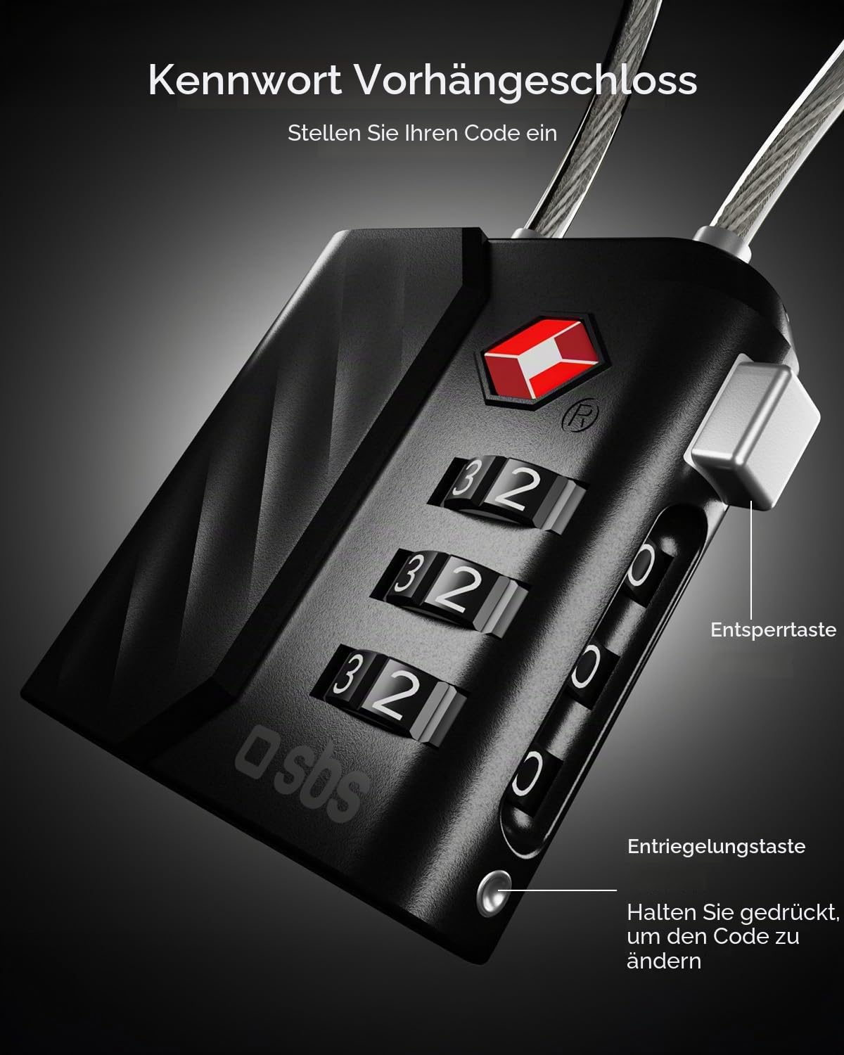 SBS Track My Lock – TSA-Schloss mit integriertem Finder-Ortungsgerät, kompatibel mit Apple Find My (iOS), Zahlenkombination, 60-dB-Alarm, USB-C-Aufladung, ideal für Koffer und Taschen, schwarz