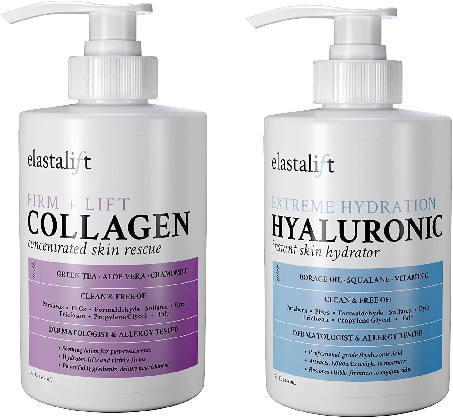 Elastalift Collagen Body Cream + Hyaluronic Acid Lotion Skin Care Set, Anti Aging Face & Body Moisturizer Dry Skin Rescue Creams For Wrinkle Control, Lifting, Firming, & Tightening Skin, 2-Pack