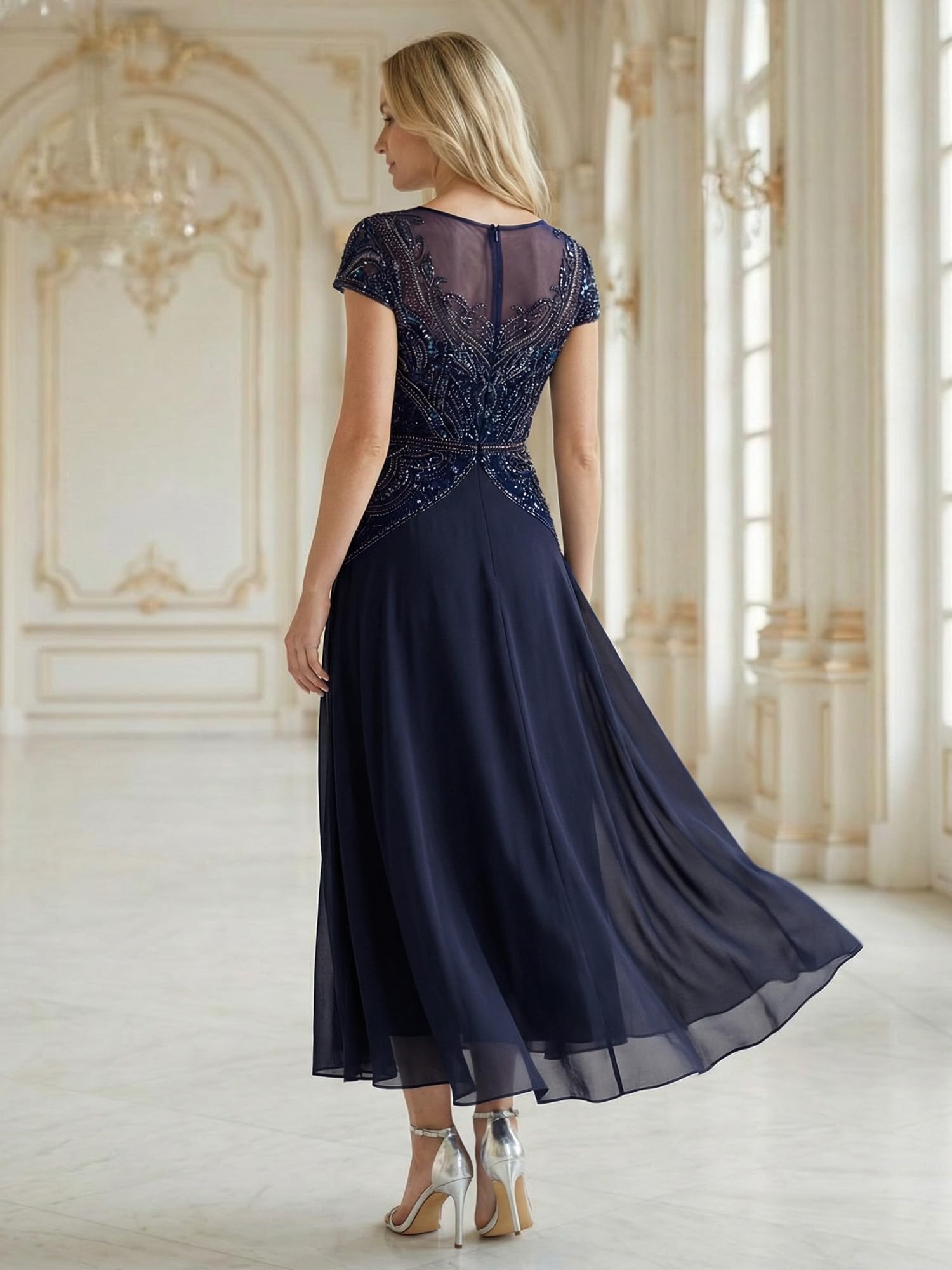 Ever-Pretty Vestito Donna Elegante Collo a Barchetta Maniche Corte Paillente High Low Gonna Svasata EG02682