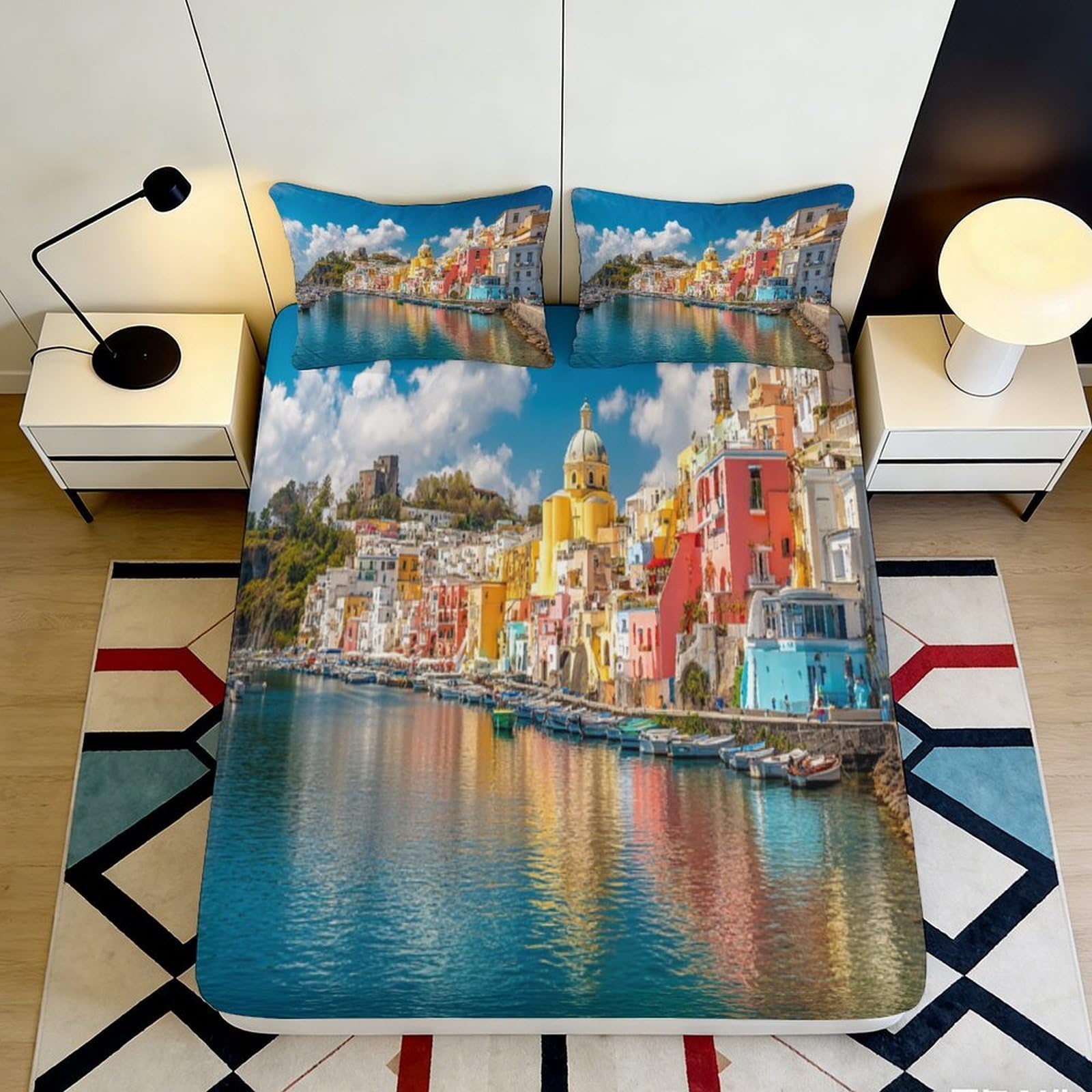 Pnayamiorkfel Style-1 3D Printed Colorful Coastal Town Fitted Sheet Microfiber Soft Mattress Cover Scenic Harbor Bed Decor 90X200x25cm