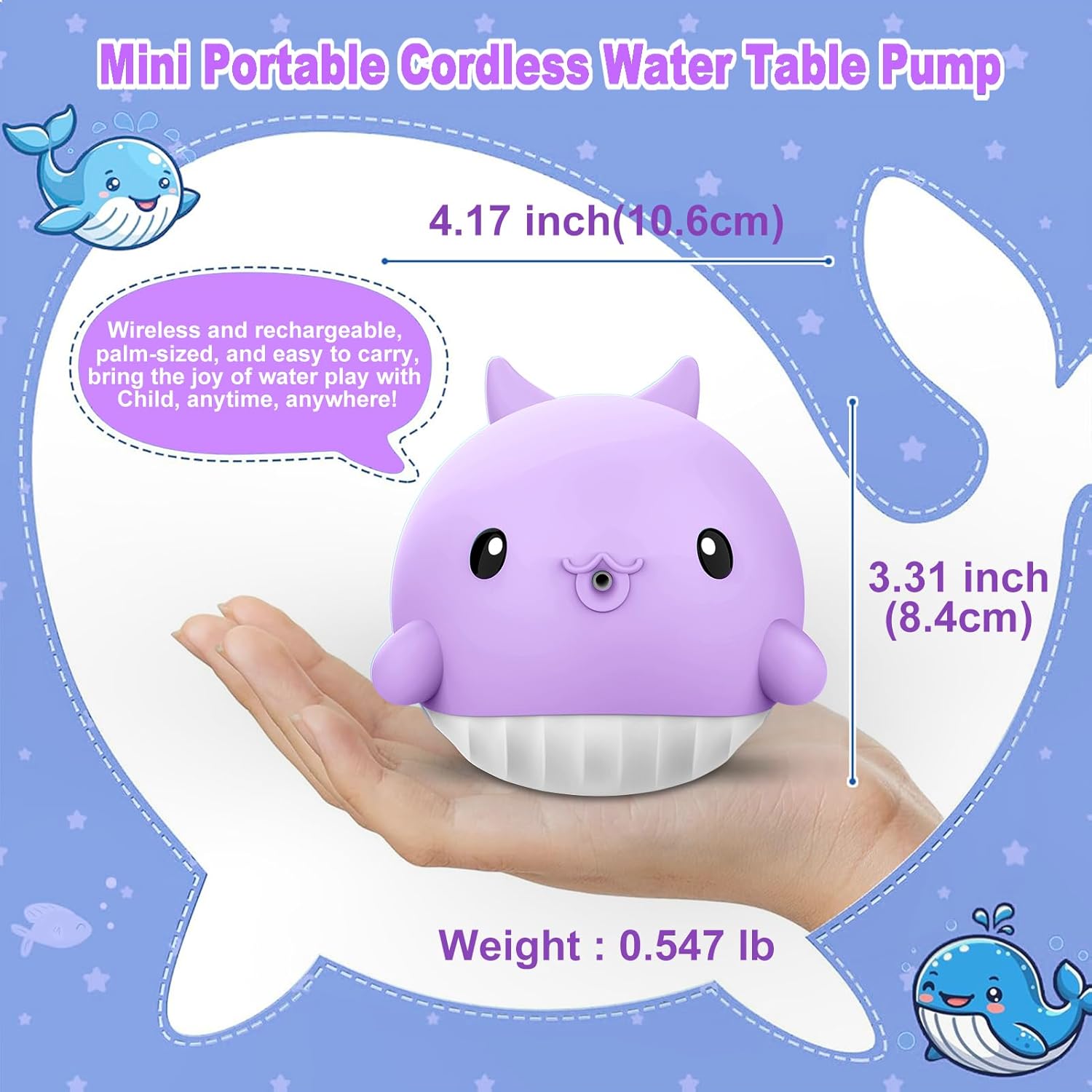 Cordless Water Table Pump, Rechargeable Water Pump with 2 Speed & Light-Up Whale, 3 Hours Non-Stop Fun Summer Outdoor Water Play Toys/Water Table Accessories for Toddlers Kids（LED Glare）