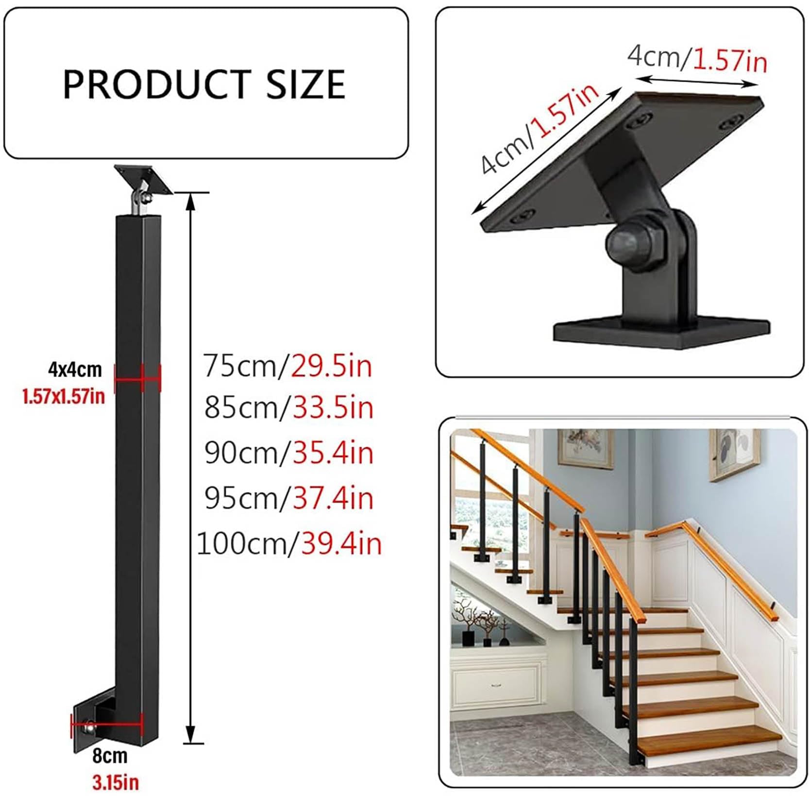Montanti per balaustre per Scale in Ferro Nero Regolabili a 270°, Confezione da 4, perni per ringhiere in Metallo con Base a Staffa Piatta per Decorazioni per terrazze, balconi e Scale (dime