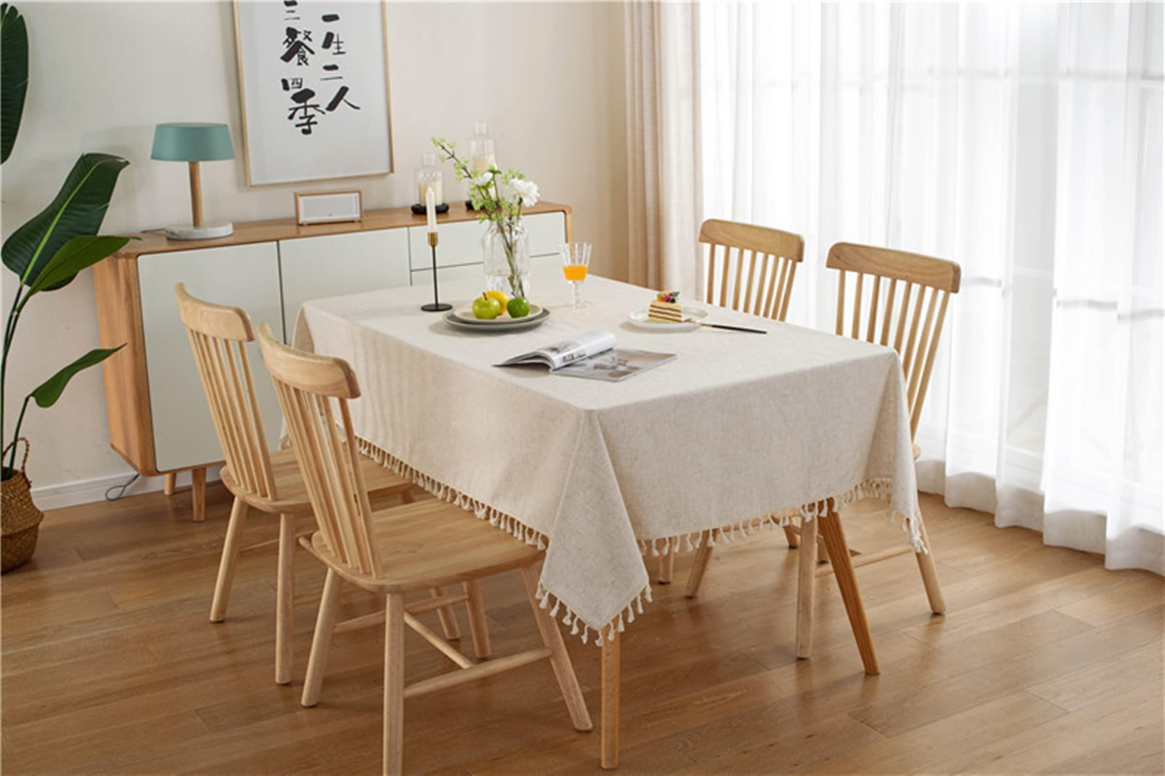 Tovaglia rettangolare 140 x 200 cm, lavabile, in poliestere e lino, tinta unita, con nappe, perfetta per cucina, sala da pranzo, Thanng, decorazione natalizia