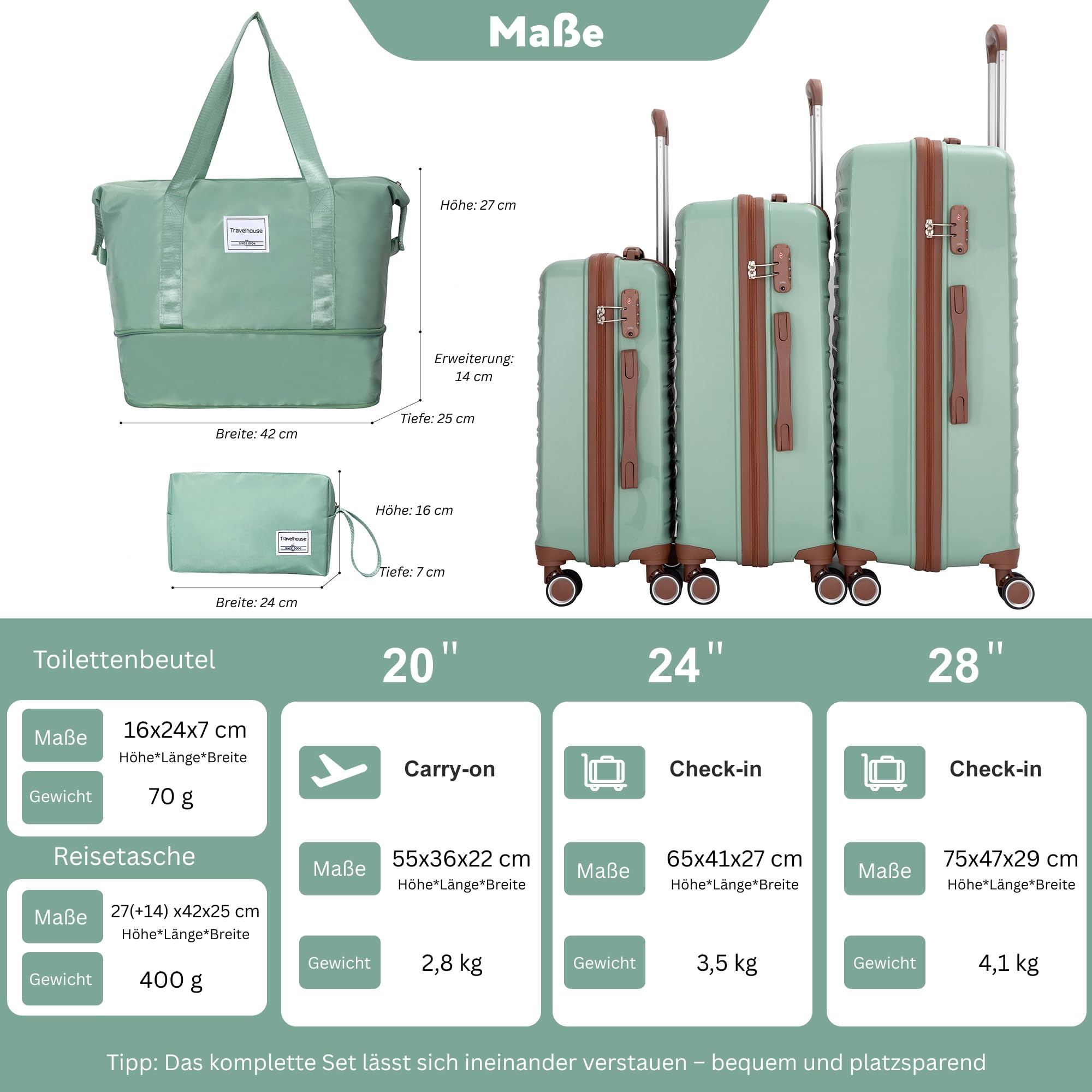 Travelhouse Ascona 5-częściowy zestaw bagażu, walizka na kółkach, poliwęglan + twarda obudowa ABS, torba podróżna i kosmetyczka, zestaw bagażu podręcznego, ciemnozielony, S, M, L, Zestaw walizek