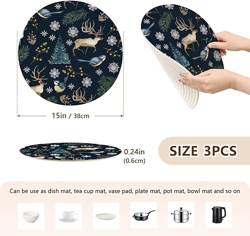 Miniatura 2 de 3 Pcs Trivet Mats Christmas Birds Deer Snowflakes Branches for Hot Pots and Pans 15in Cotton Thread Weave Heat Resistant Table Mats for Cooking Pot