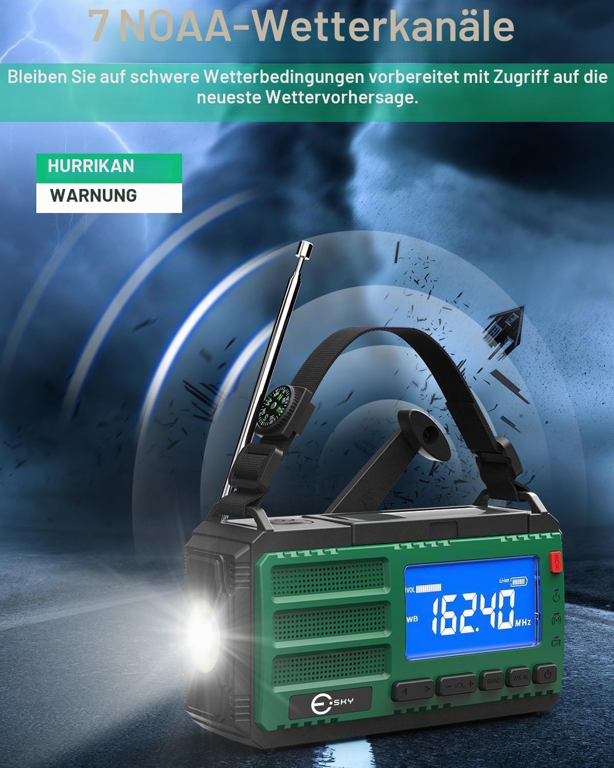 Esky Kurbelradio, 10000mAh Solar Notfallradio mit AM/FM Wiederaufladbare Weltempfänger, USB Lader, LED Taschenlampe&Leselicht, SOS-Alarm & Kompass, Tragbar für Camping, Notfall, Blackout, Geschenkidee