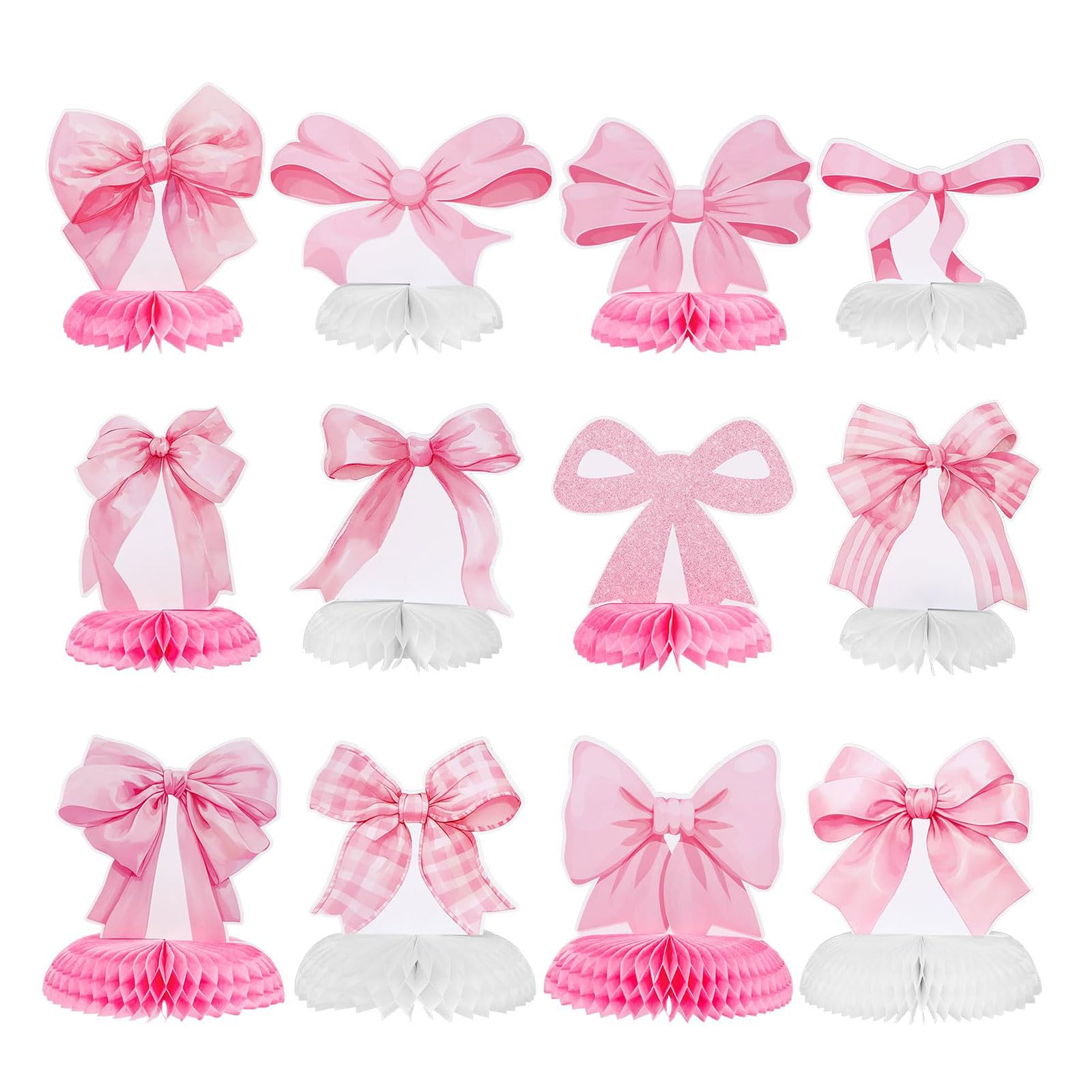 Bubaxuce 12 Pieces Pink Bow Honeycomb Centerpieces Pink Ribbon Table Decorations Coquette Theme Birthday Ornament Bows Party Embellishments