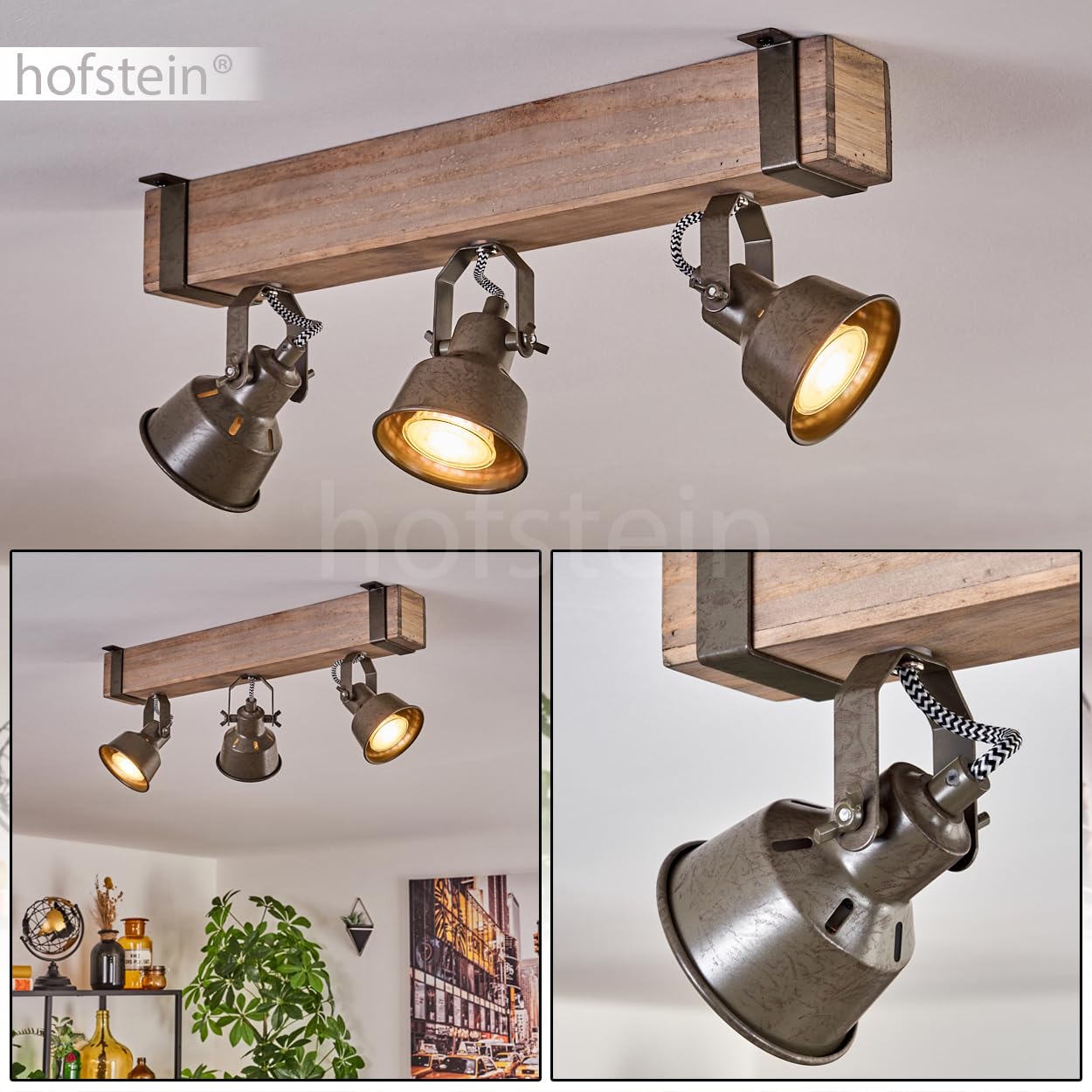 Deckenleuchte Pehefito, moderne Deckenlampe aus Metall/Holz in Grün-Grau/Natur, Deckenleuchte im Industrial Design mit verstellbaren Schirmen, 3-flammig, 3 x GU10 ohne Leuchtmittel