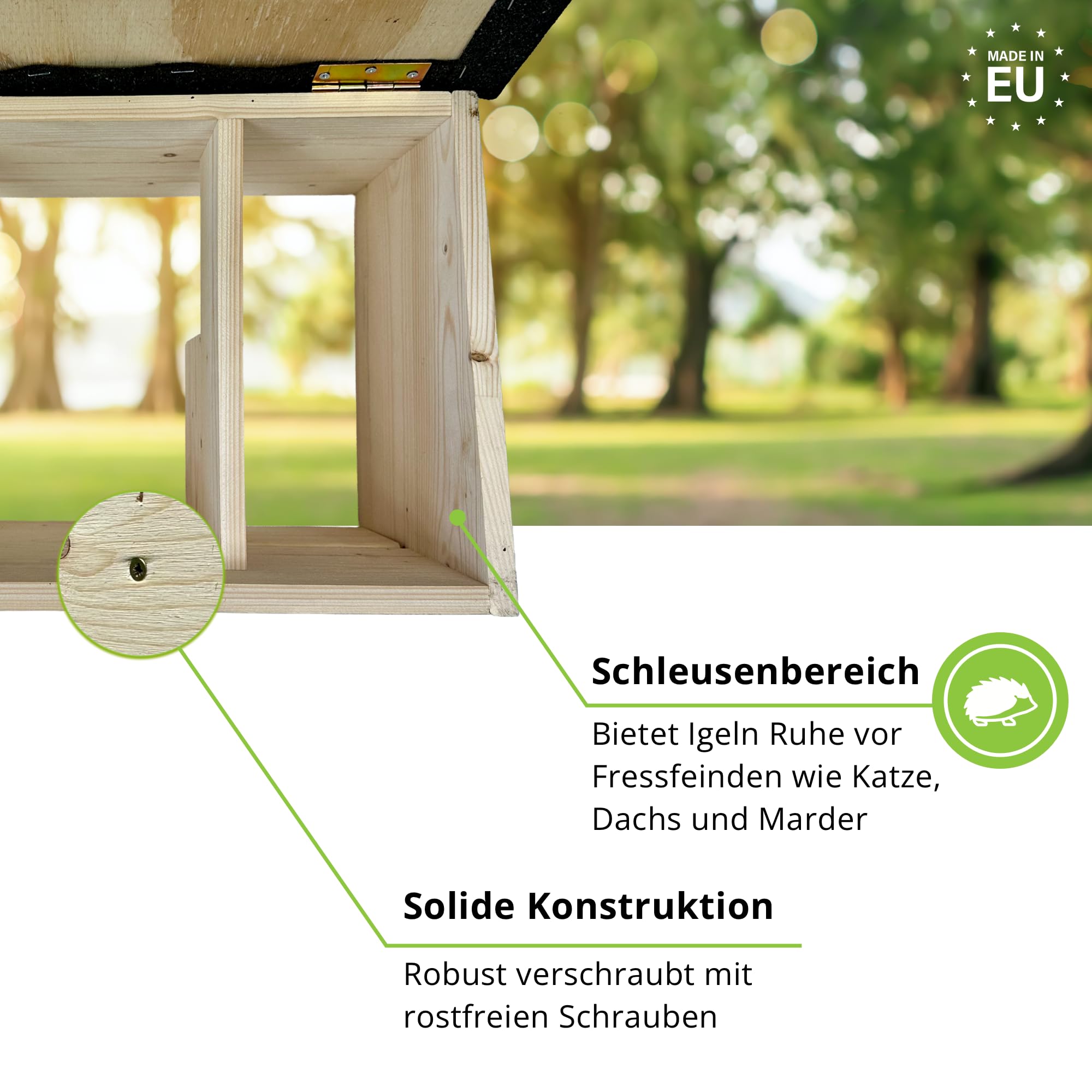 Igelfutterhaus mit Zwei Eingängen und Rattenklappen, Winterfest, Katzensicher, aus zertifiziertem Holz, produziert in Deutschland