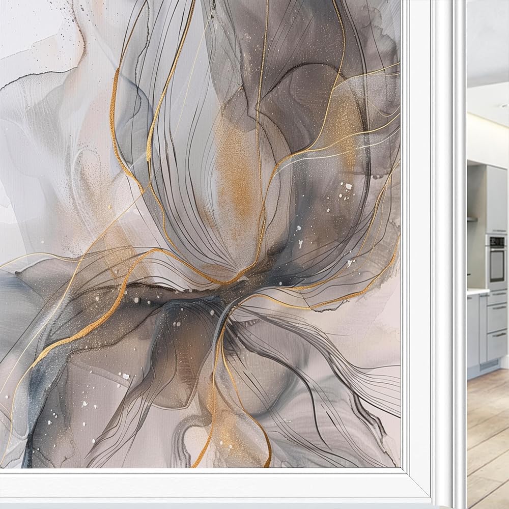 Abstract Texture Frosted Window Privacy Film, Gold Painting Beautiful Ink Style Window Glass Covering, Adhesive Window Sticker Decals for Home