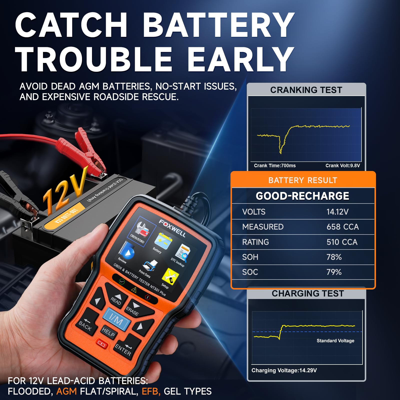 FOXWELL NT301Plus OBD2 Diagnosegerät Auto Batterietester 2-in-1, KFZ Diagnosegerät für alle Fahrzeuge mit 12V 100-2000CCA Battery Tester, alle OBDII Diagnose, Batterie Anlasser Ladetest