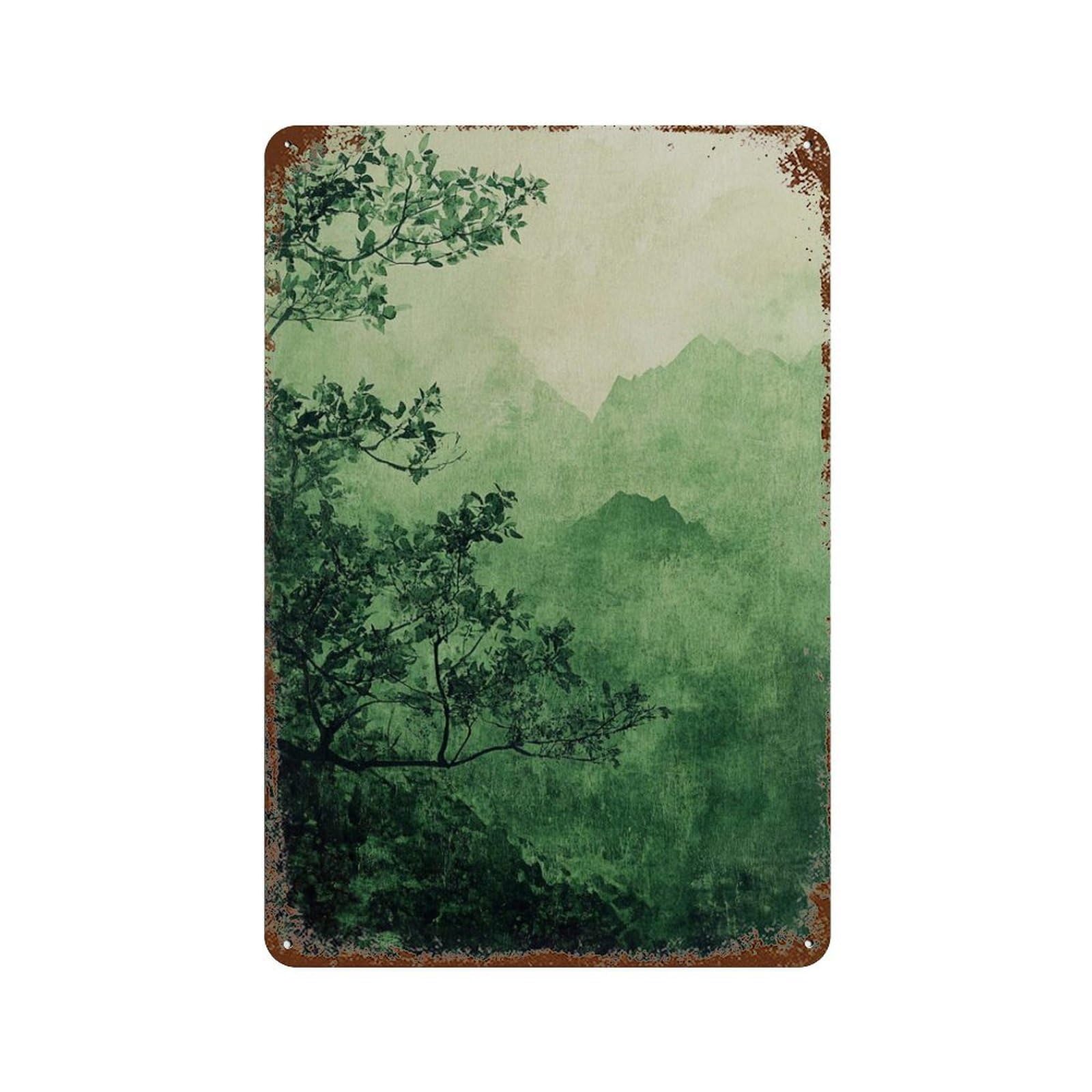xiaoxiaoshen Green Mountain Landscape Tranquil Nature Misty Mountains And Trees Abstract Peac Wall Decor Art Metal Tin Poster Modern Home Decor Art Home Bar Shop Decorations Vintage Sign 30x20cm