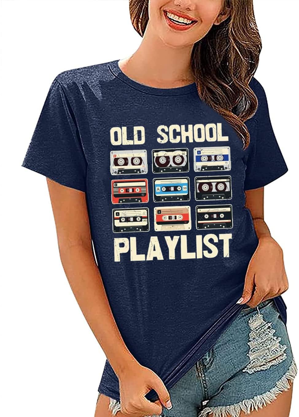 Retro 80er Jahre T-Shirt für Damen, Kassettenband, Musik, Old School, Playlist-Shirt, Vintage-Grafik-T-Shirt, lässig, lockere Oberteile