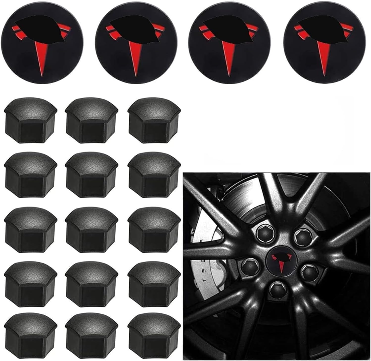 Car Wheel Center Hub Cap Kit with Logo, Hubcaps Accessories for TES la Model 3 Model Y 4 Black & red Hub Center Caps + 22 Black Lug Nut Covers (Black&Red)