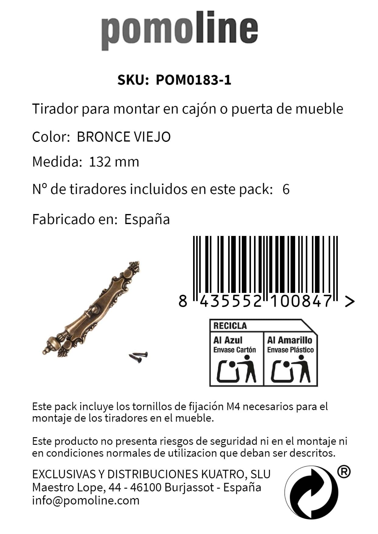 6 Un. TIRADOR Péndulo bronce envejecido Cajón Mueble clásico 132x24MM