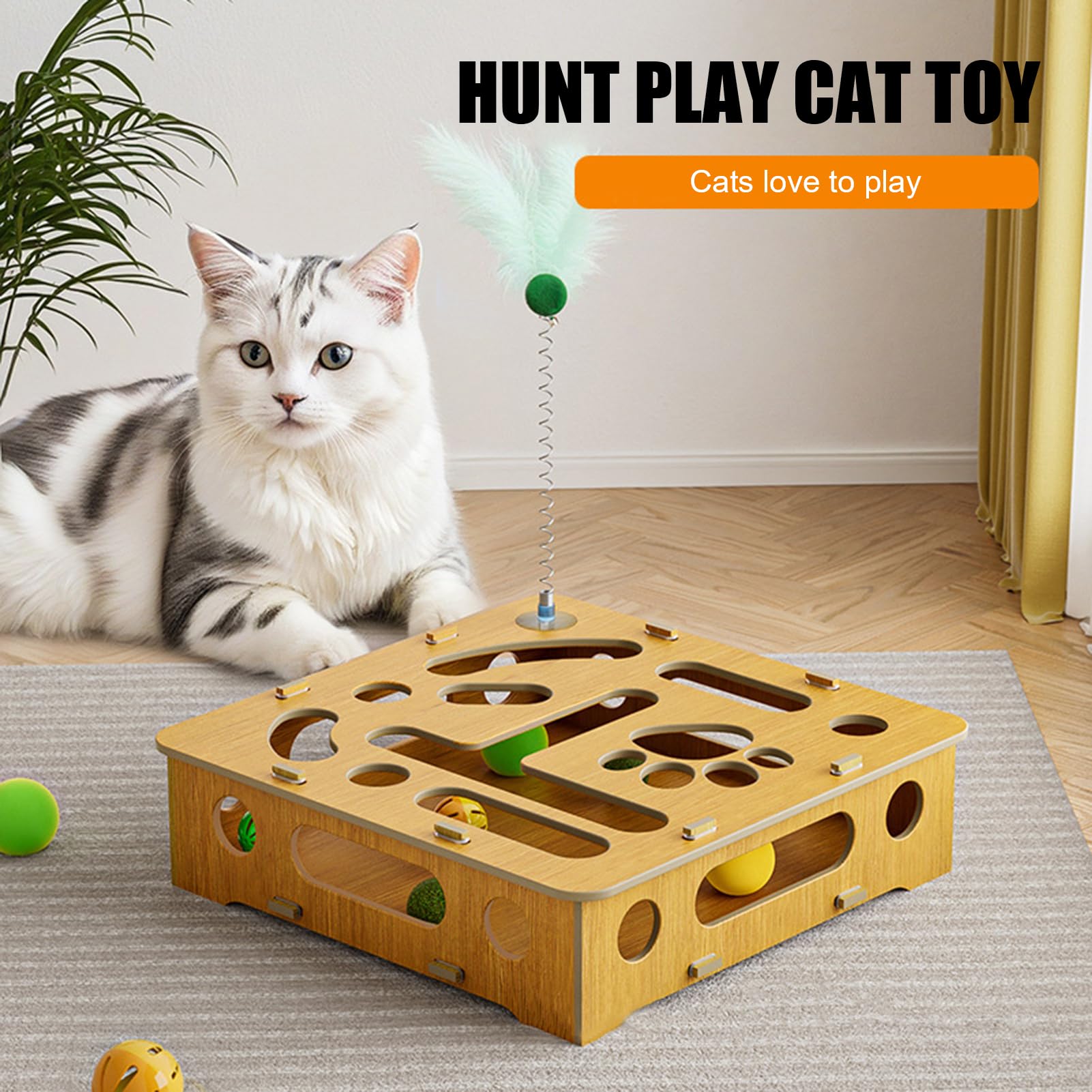 Juguete de rompecabezas para gatos, juguetes interactivos, caja de madera con plumas y bolas, para gatos de interior
