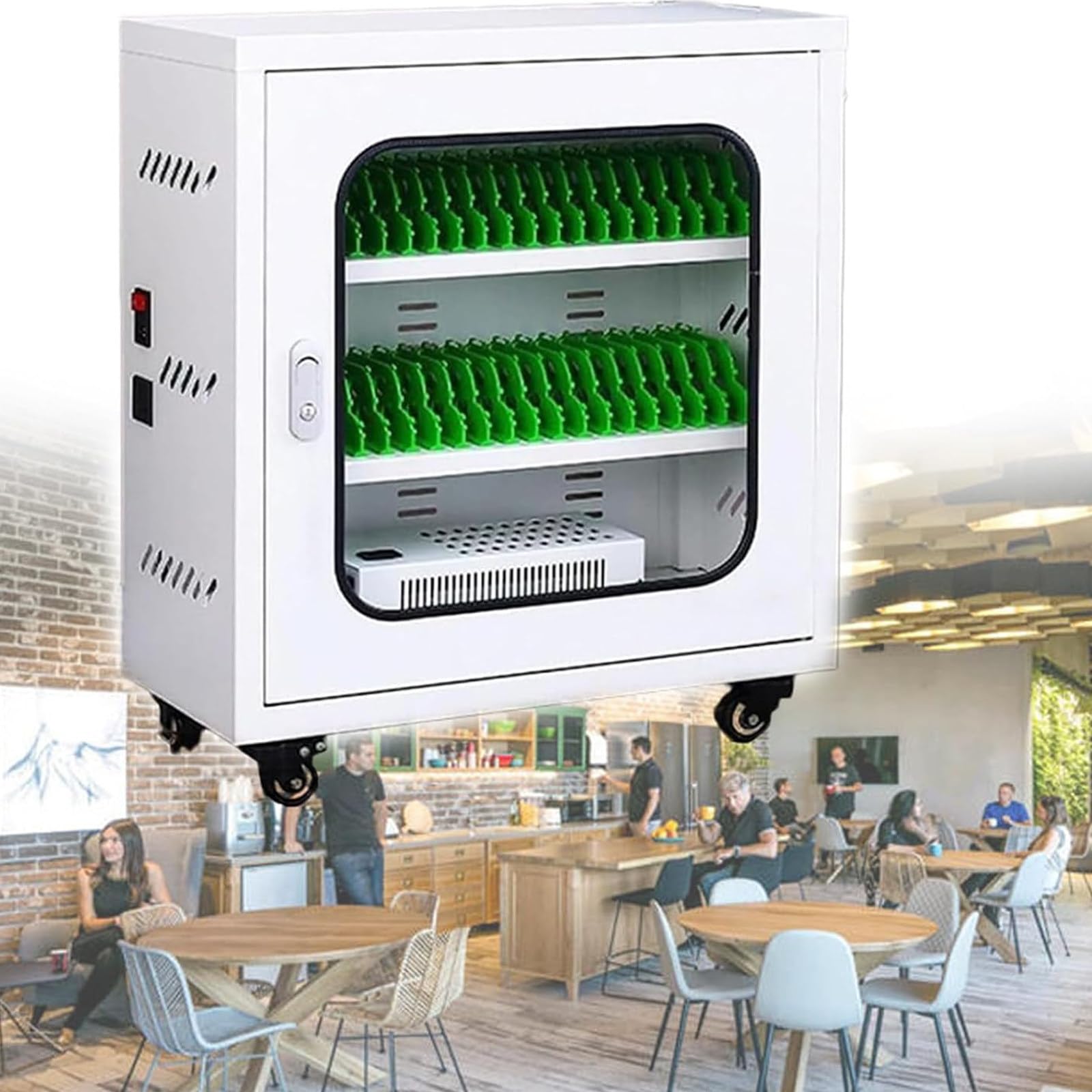 Charging Cart for Laptops and Tablets with Secure Cabinet and Cooling Fan for Device Storage and Organization