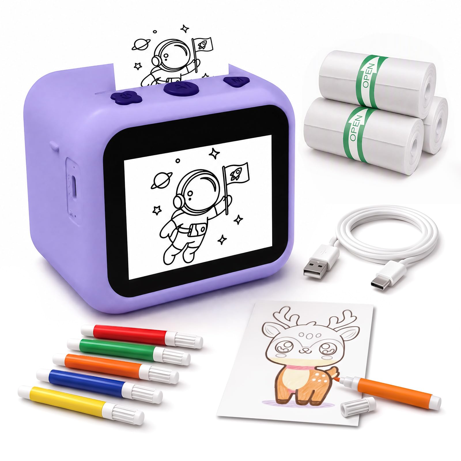 HiMont AI Voice Sticker Maker for Kids, Inkless Thermal Sticker Printer, Mini Portable Sticker Maker Machine with 3 Paper Rolls & 5 Color Pens for DIY Crafts, Gift Toy for Girls Boys Ages 3+ (Purple)