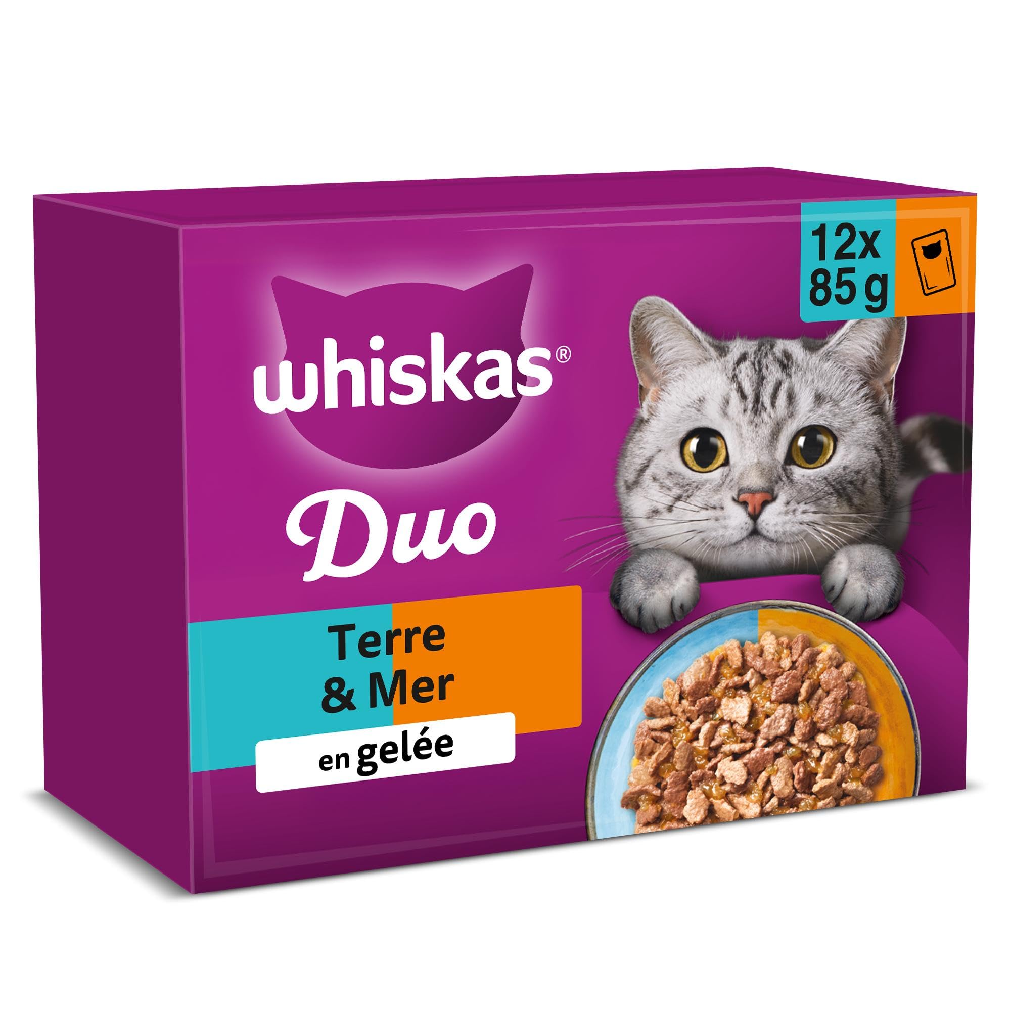 WHISKAS DUO Aliment humide en gelée pour chat adulte 12x85g Terre & Mer (Lot de 4) 48 Sachets