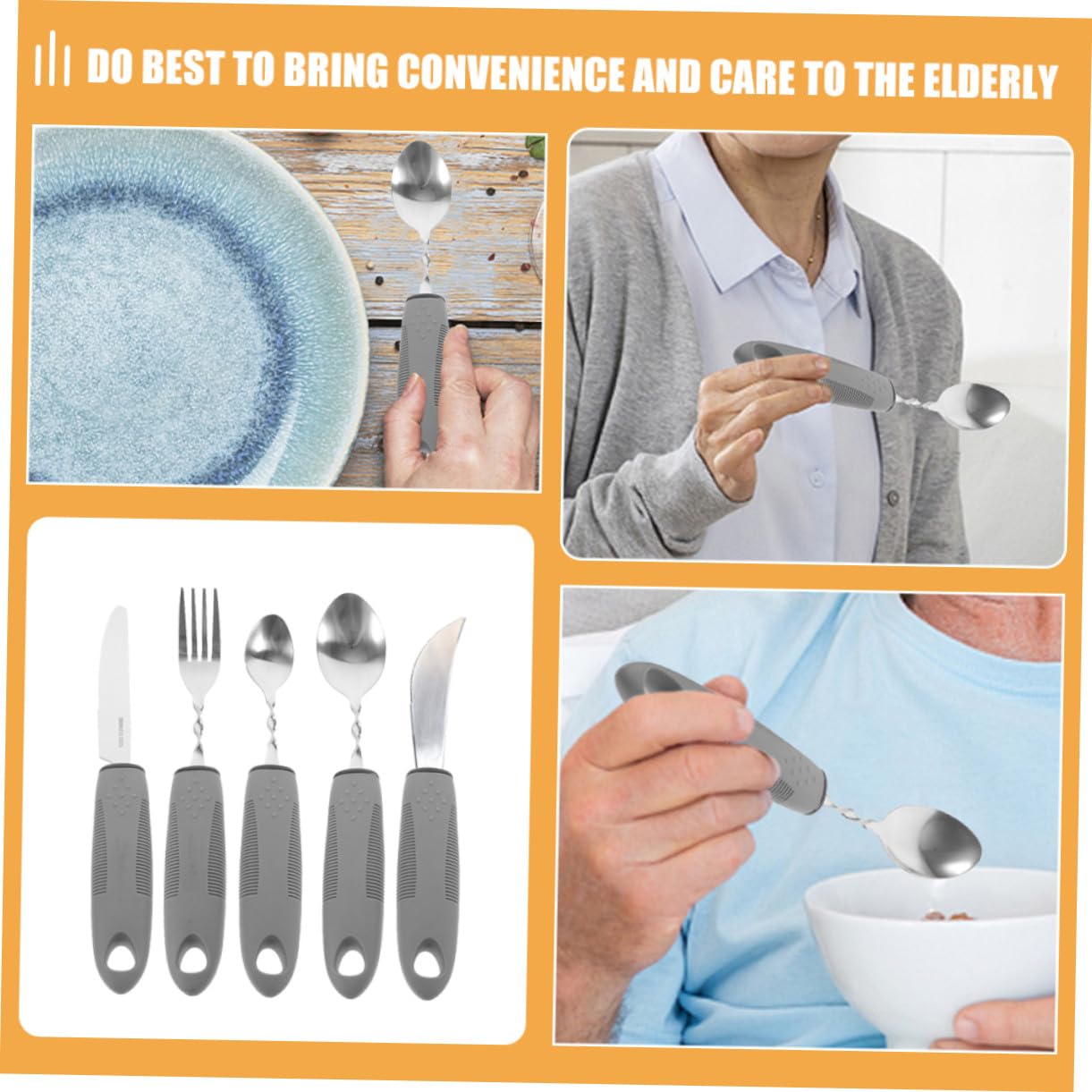 Cubiertos Adaptativos Antitemblor para Ancianos Mango Ergonómico Flexible de Gris Utensilios de Rehabilitación para Personas con Movilidad Reducida para Comer Interiores