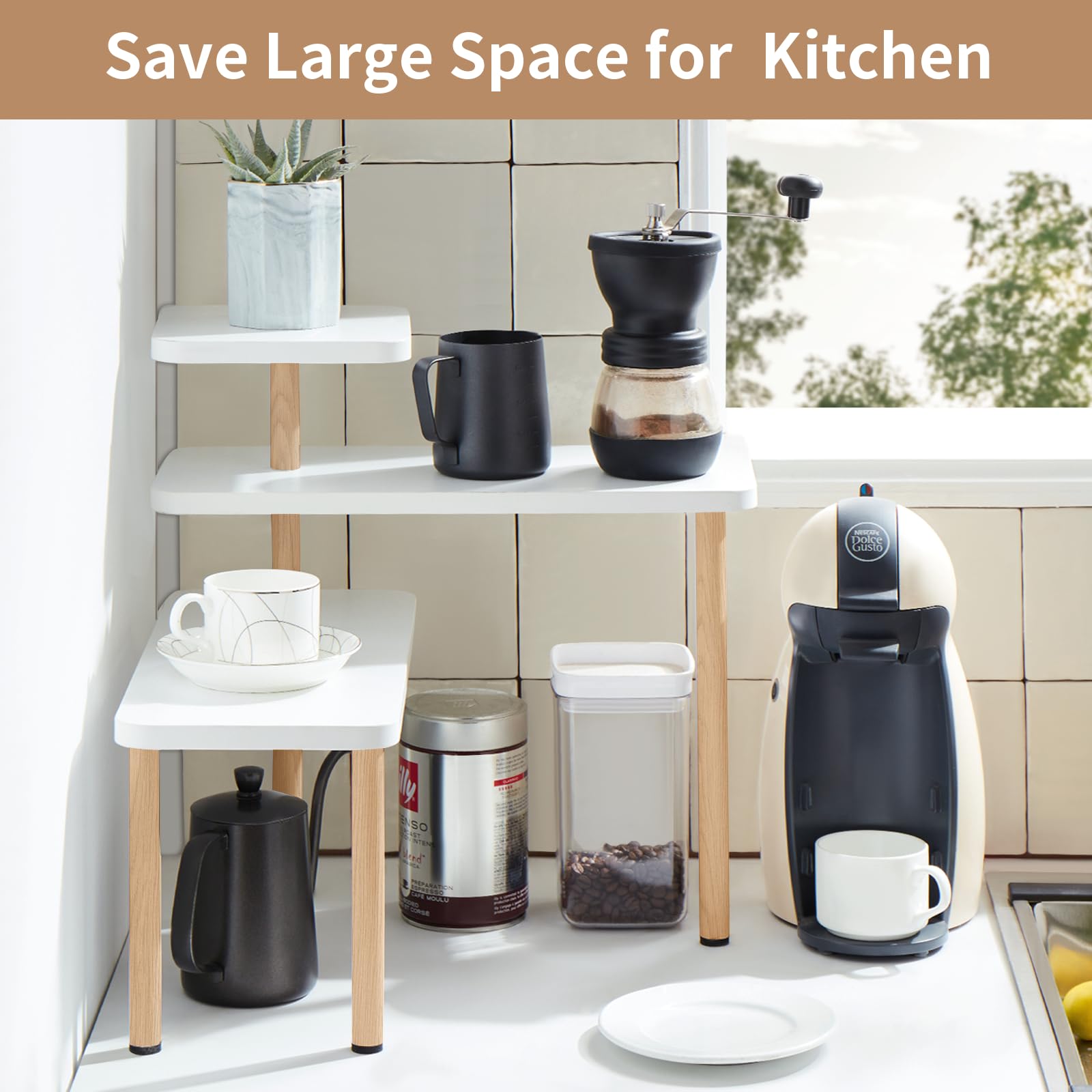 Apicizon Kitchen Bathroom Organizer Countertop Corner Shelf, 3 Tier Corner Shelf Kitchen Organizer, Adjustable Spice Rack Corner Shelf for Kitchen, Bathroom, Make Up, Desktop, Office,Natural