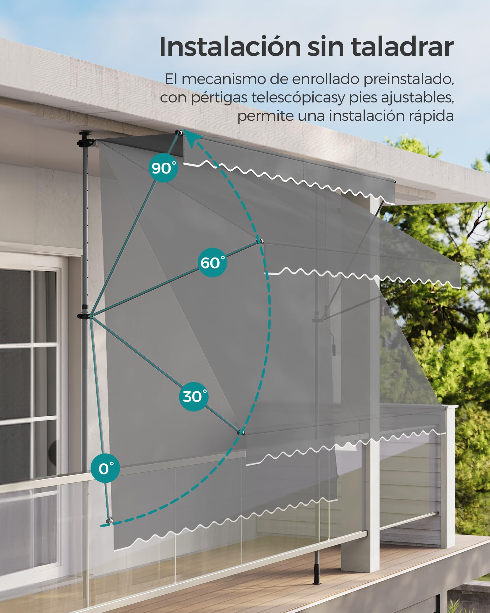 SONGMICS Toldo Manual, Toldo Retráctil para Balcón, Regulable en Altura con Manivela para Balcón, Jardín, Patio, 250 x 120 cm, Gris Antracita GSA252G02