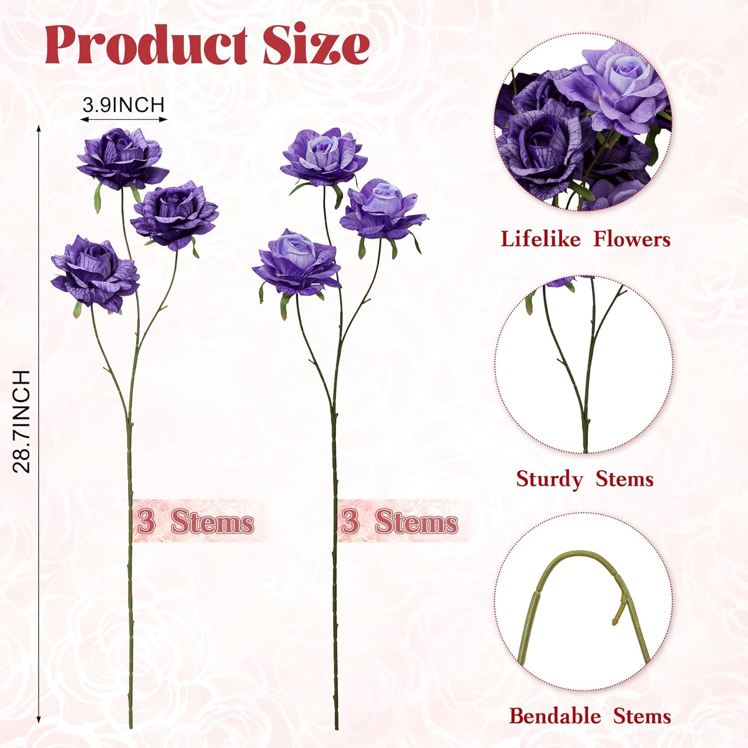 6 PcsArtificial Flowers Fake Roses, 28" Long Stem Silk Roses for Wedding Centerpieces Home Party Valentine's Day Decor, Realistic Faux Bouquet for Tall Vase Indoor(Purple) - Image 2