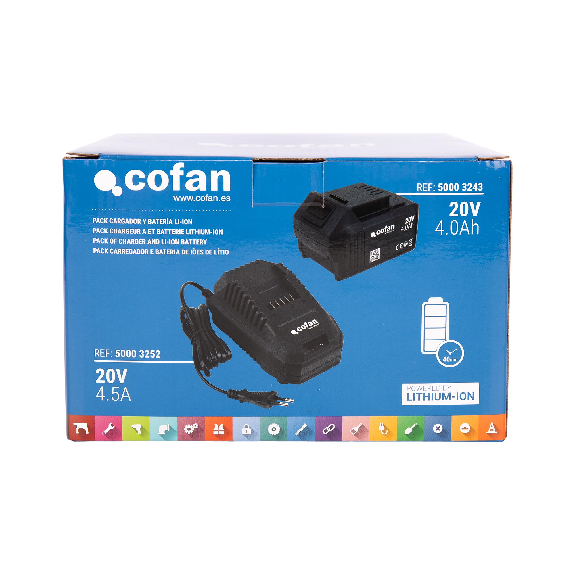 Cofan Pack de Cargador 20 V 4.5 A + batería 20 V 4.0 Ah Li-Ion | Sistema 1 for All | Protección Avanzada | Carga Segura