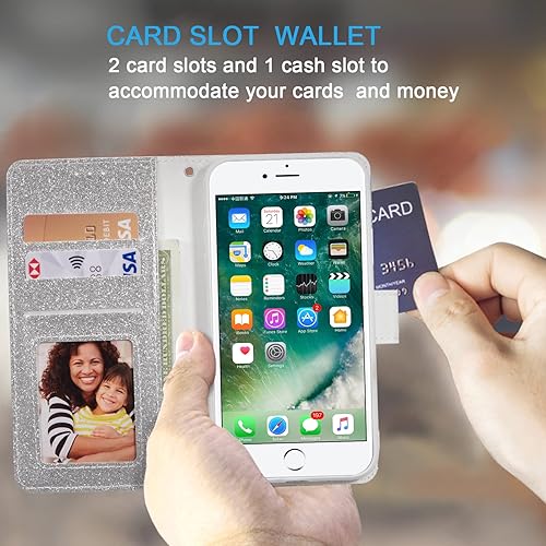 Miniatura 2 de UEEBAI Funda tipo cartera para iPhone SE 202278SE 2020, funda de piel sintética con purpurina brillante de alta calidad con ranuras para tarjetas,