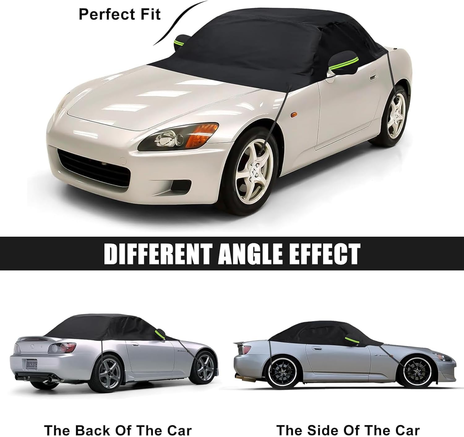 Waterproof Half Car Cover Compatible with Honda s2000 1999-2009, 600D Roof Protector with Night Reflective Strip Side Mirror Pockets All-Weather Snow Sun Rain Wind(AP1,AP2,CR Roadster/Hardtop)