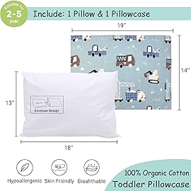 ZPECC Toddler Pillow with Pillowcase - 13x18 Organic Cotton Hypoallergenic Kids Pillow, Baby Essentials for Travel Crib Daycare Stroller (Intended for Age 2 and up) Truck