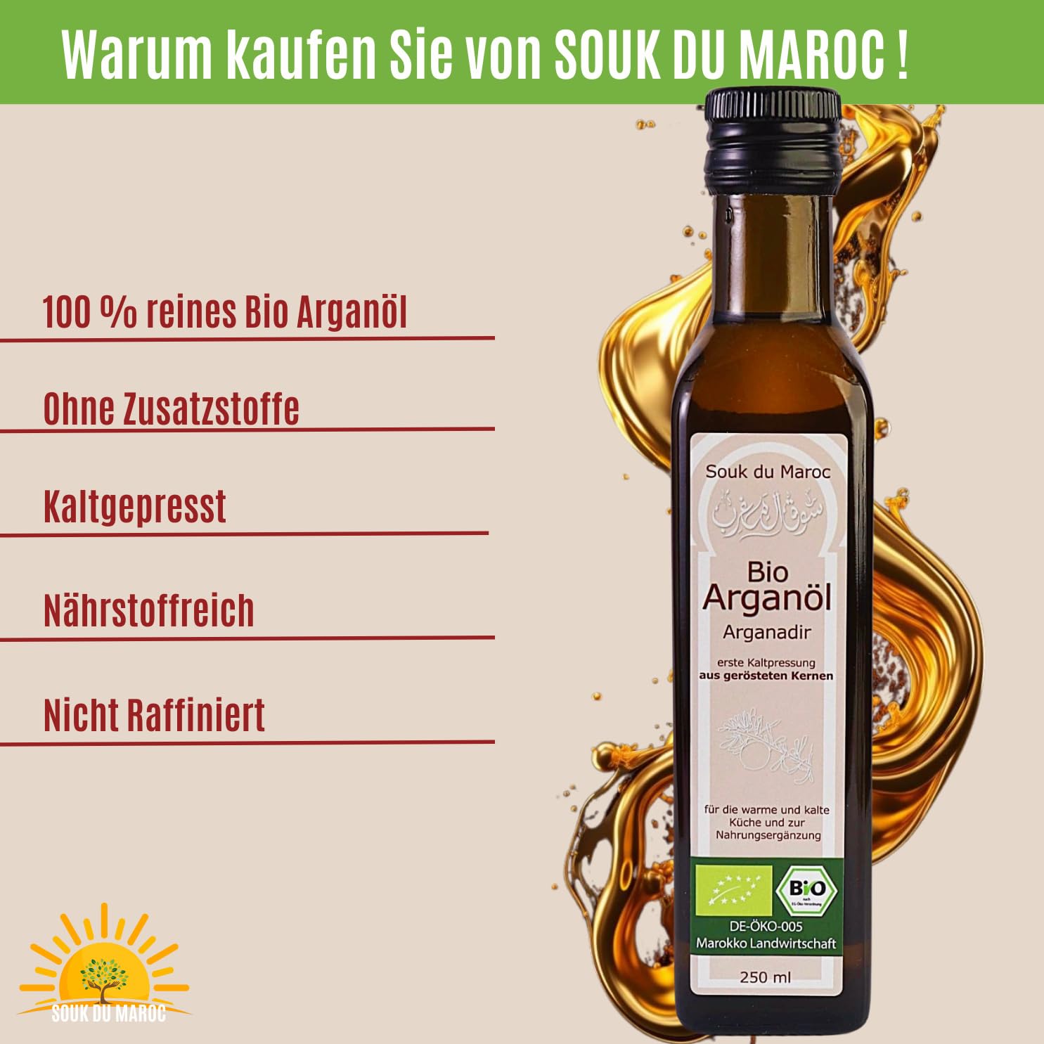 Aceite de argán orgánico comestible tostado prensado en frío Arganadir de Marruecos, 250 ml ✔ 100% vegano puro ✔ orgánico para cocinar, ensaladas y suplementos nutricionale