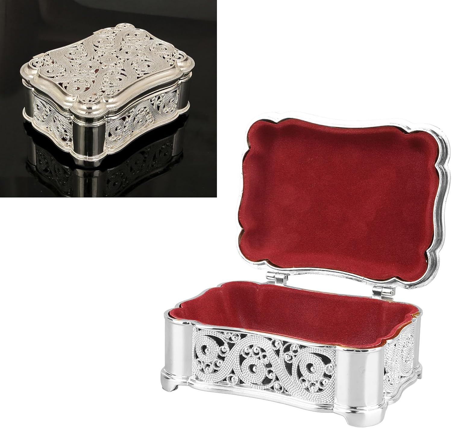 BEIJIALY Metal Jewelry Storage Box, Vintage Alloy Small Treasure Chest Case Trinket Organizer, Necklace Earring Organizer Keepsake Box Ring Box Holder(Silver)